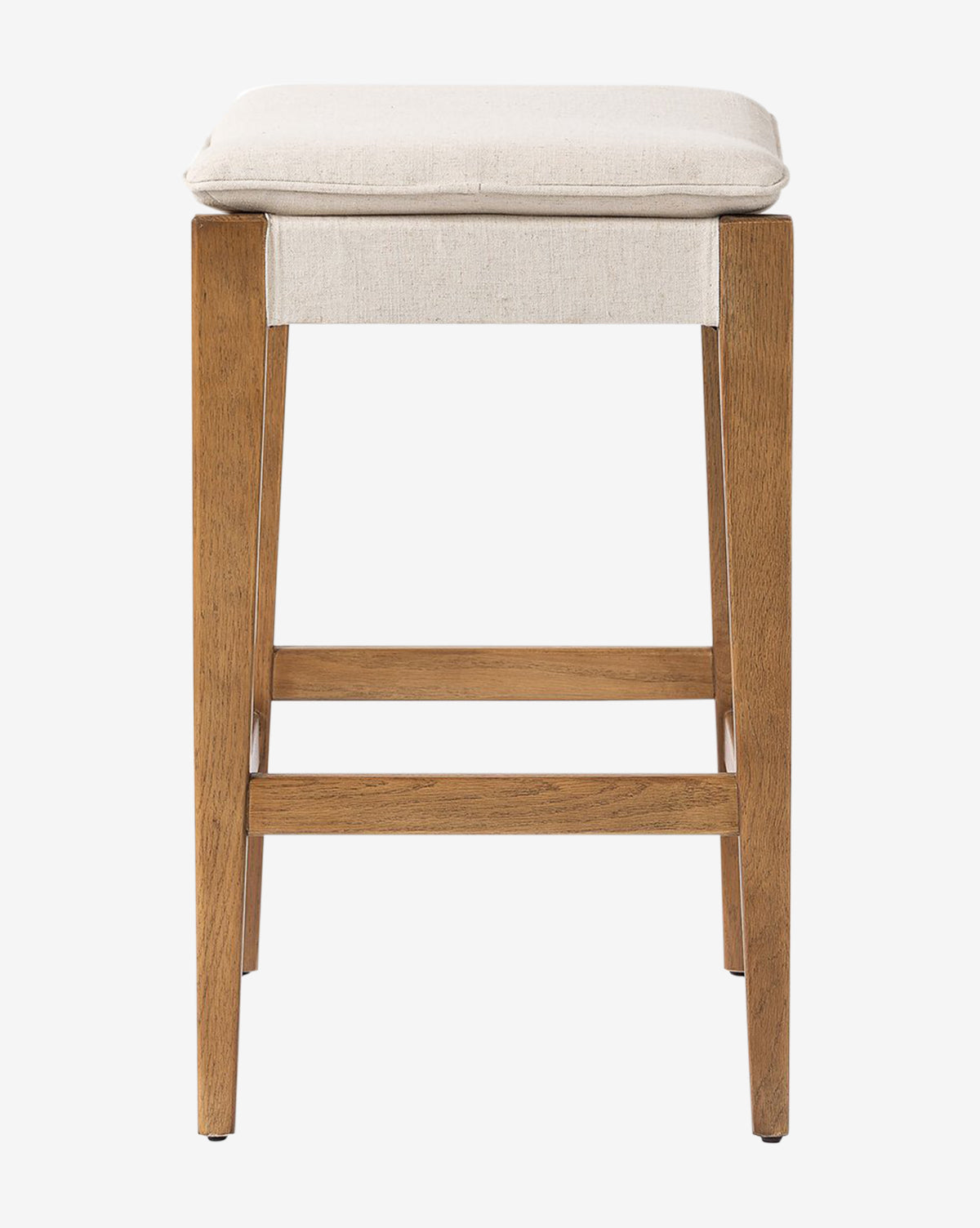 The Kaelith Counter Stool by Four Hands features solid oak construction, straight legs with horizontal supports, and a light cushioned seat—an ideal match for your kitchen counter. Shown front-facing against a white background. Vendixs