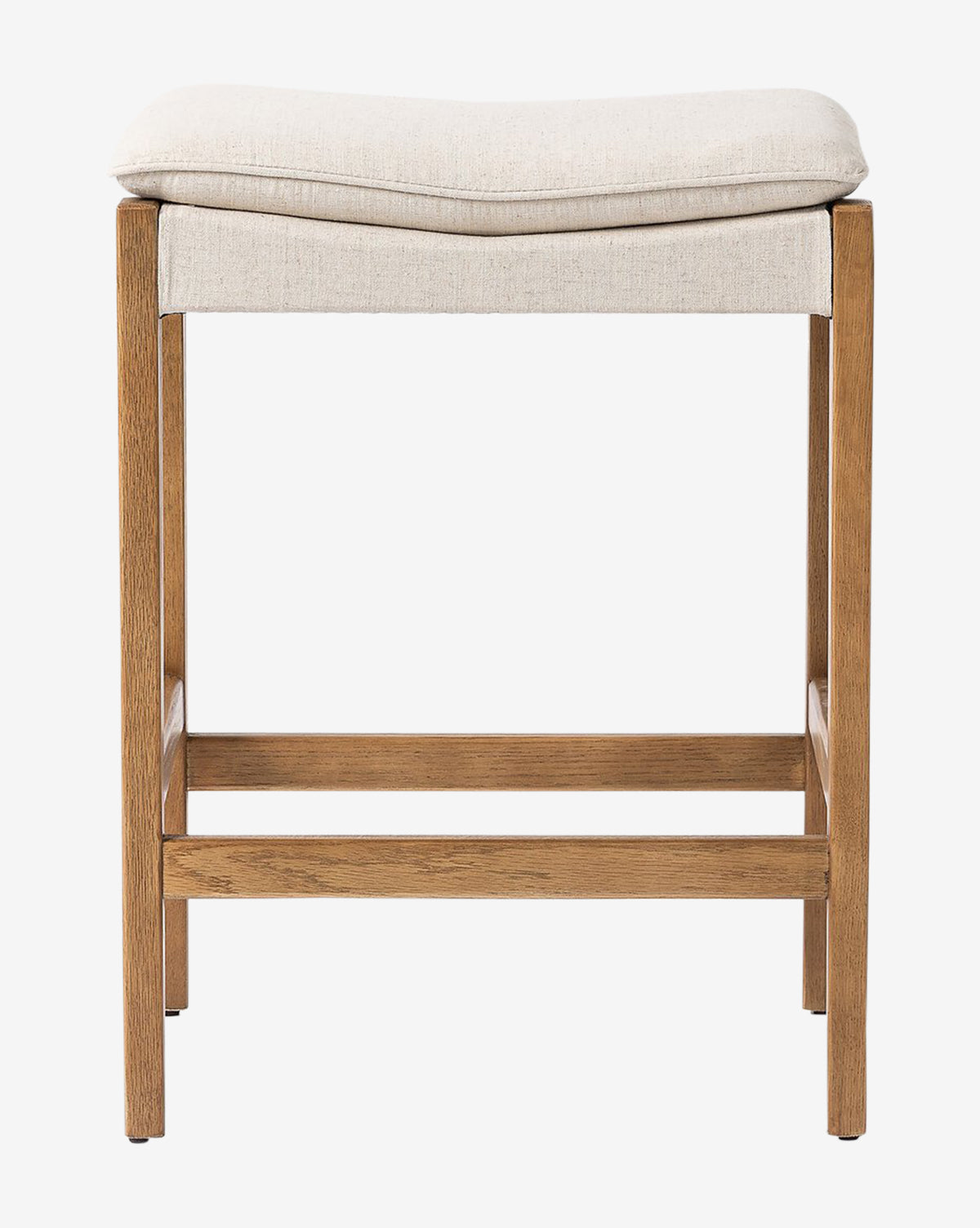 The Kaelith Counter Stool by Four Hands features a solid oak frame, a light cushioned seat, and a simple rectangular design, shown from the front against a plain white background. Vendixs