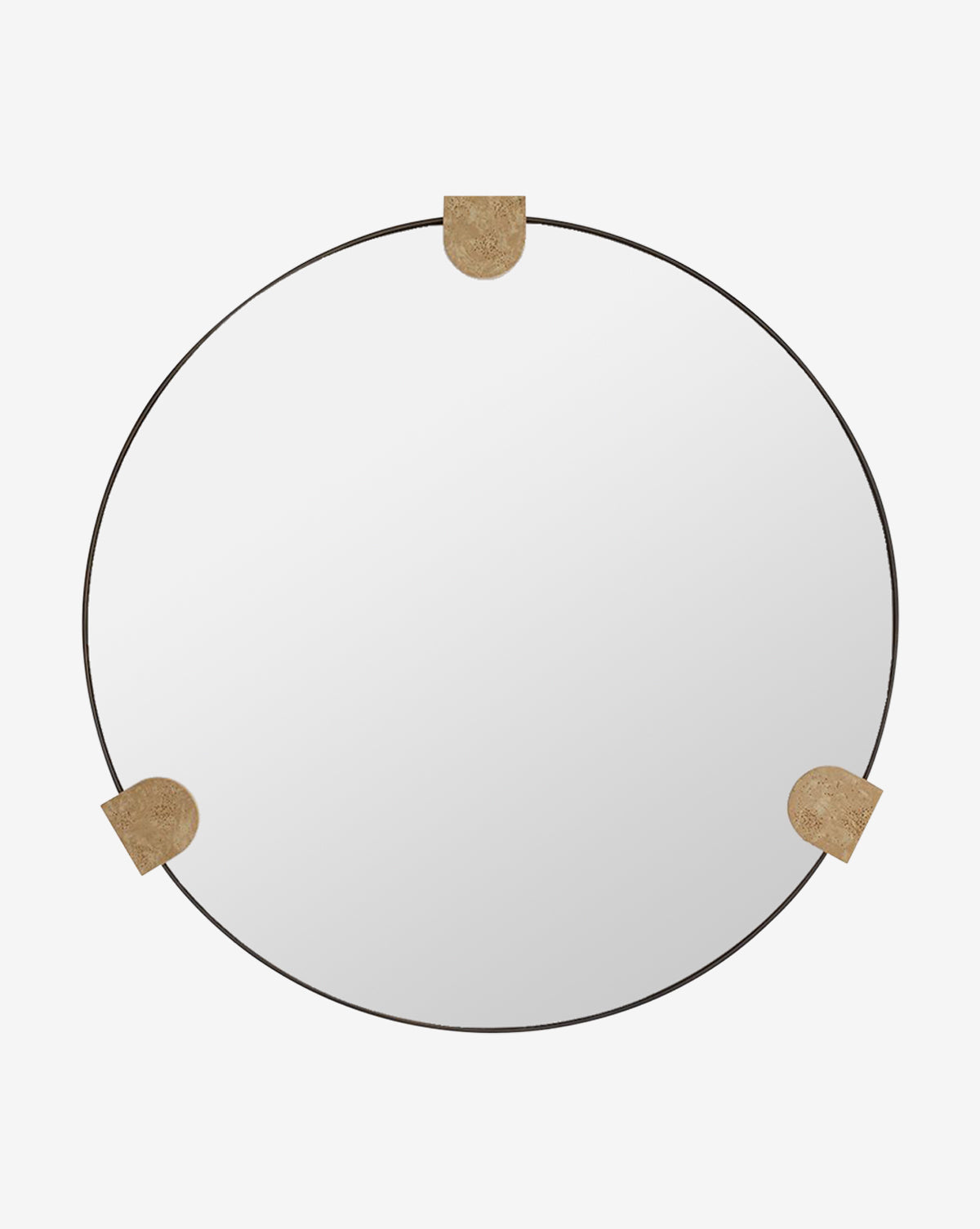 The Kairos Mirror is a round wall mirror featuring a slim black frame and three semi-circular faux travertine brackets in tan or beige, adding an elegant accent to any home decor, by McGee & Co.