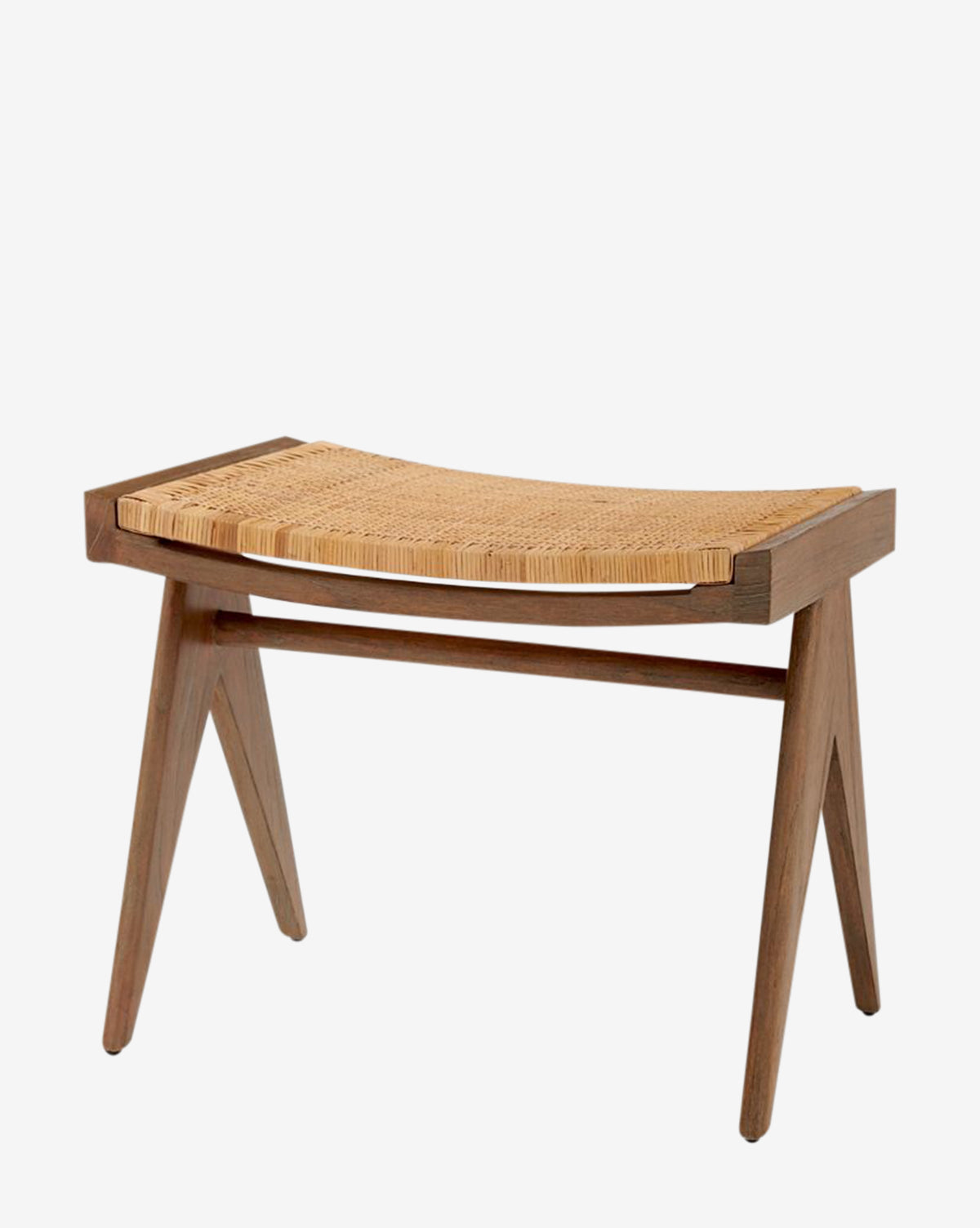 The Kareen Stool by Villa & House, LLC is a mahogany stool with angled legs and a hand-woven cane seat, showcasing a minimalist, mid-century modern design by Vendixs