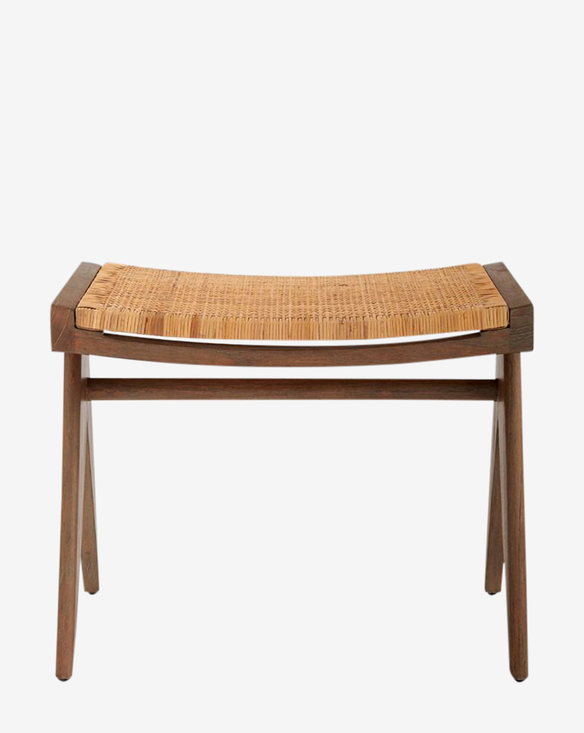 The Kareen Stool by Villa & House, LLC is made from mahogany with angled legs and a hand-woven cane seat, featuring a minimalist mid-century modern design displayed on a plain white background. Vendixs