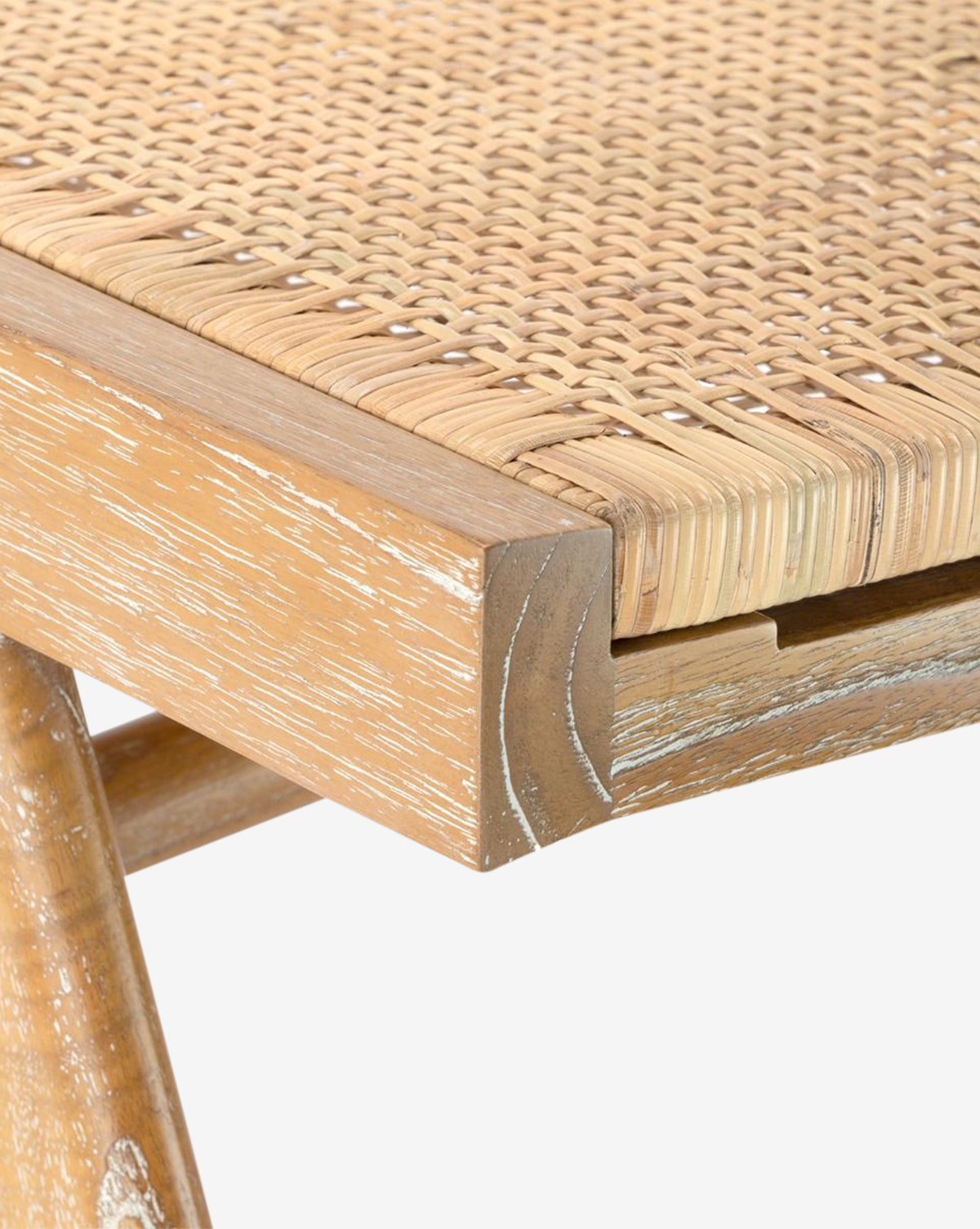 Close-up of the Villa & House, LLC Kareen Stool, featuring rich mahogany wood grain, precise corner joinery, and a hand-woven cane seat that showcases the stools detailed craftsmanship and natural woven texture. Vendixs