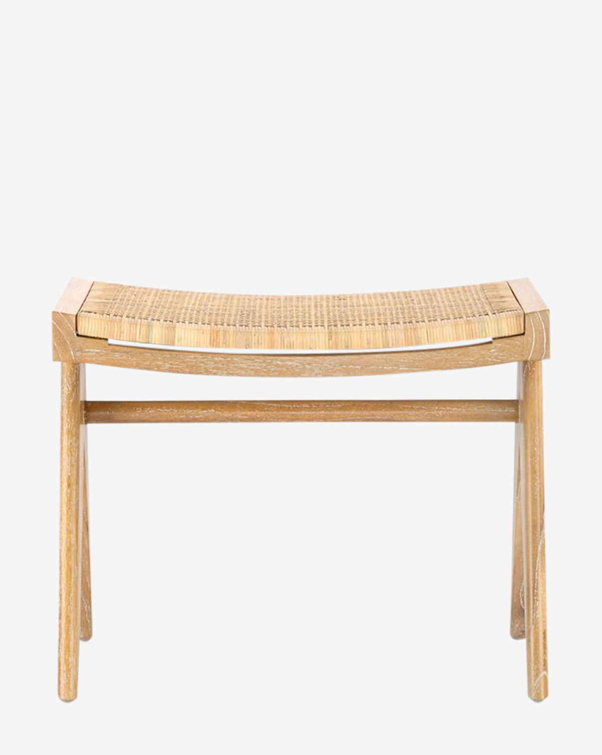 The Kareen Stool by Villa & House, LLC features a wooden frame with a hand-woven cane seat, four straight legs, and a horizontal support bar, all in a classic design with simple, clean lines. Vendixs