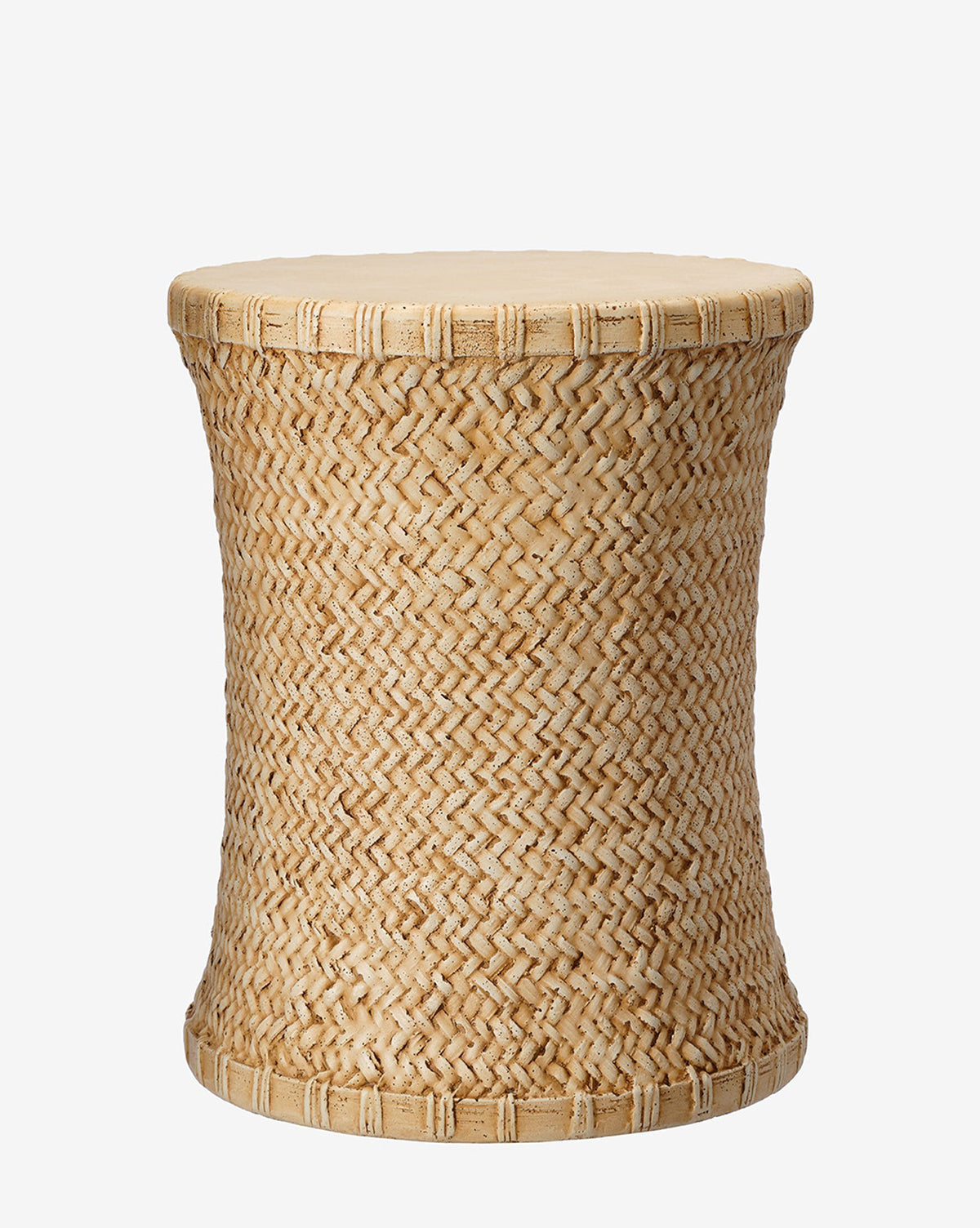 The Keira Stool by Made Goods features a round, woven rattan design with a curved hourglass shape and flat top. Its natural tones and handcrafted look add rustic charm to any space. Vendixs