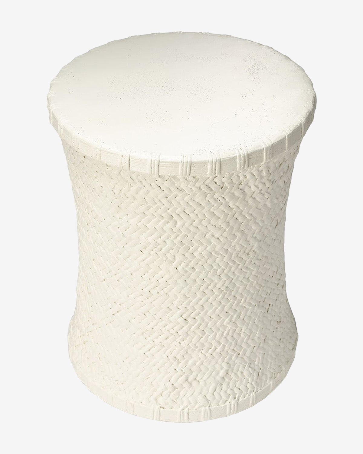 The Keira Stool by Made Goods features a white, cylindrical design with basket-weave texture on the sides and a smooth, rounded stonecast top. Vendixs
