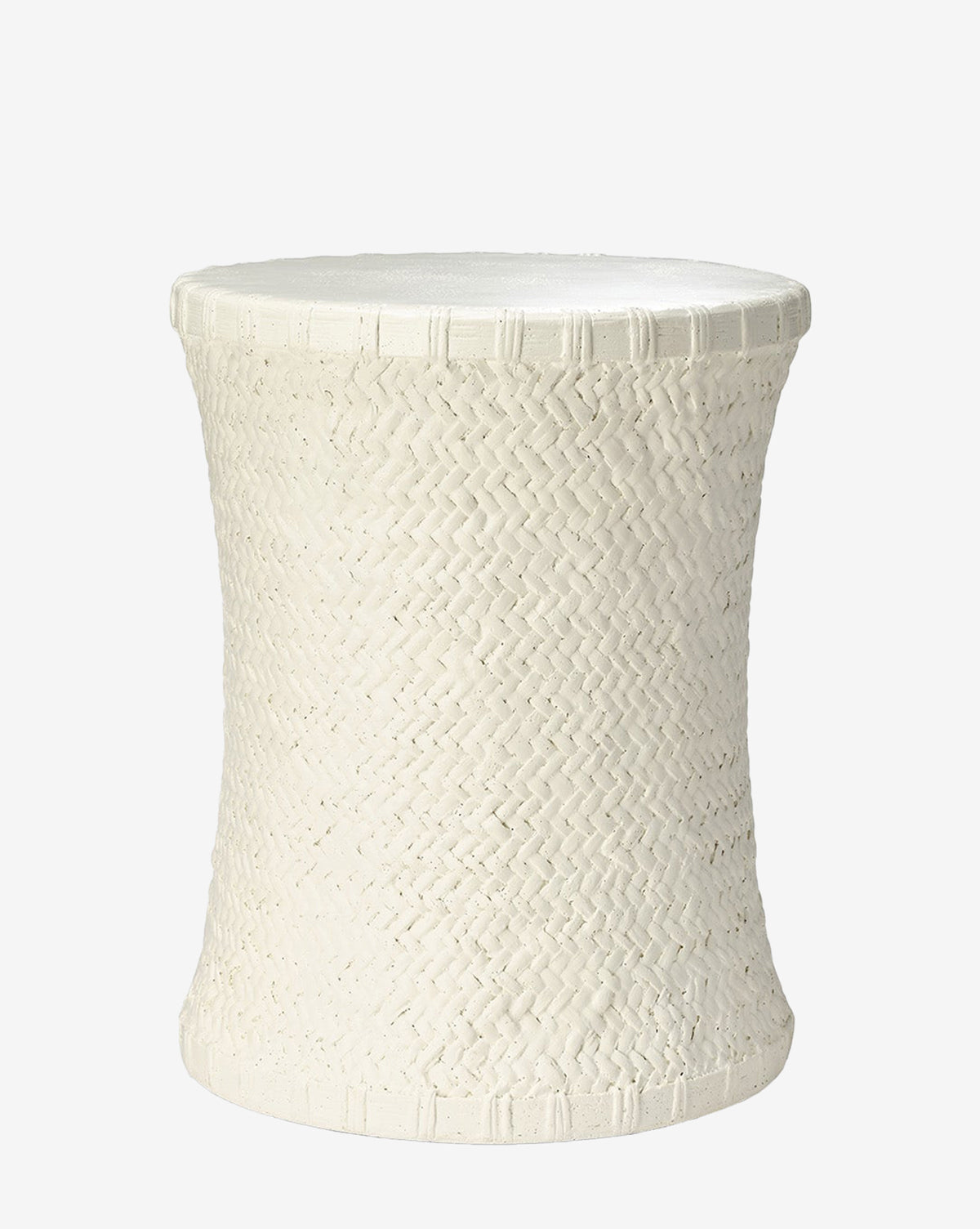 The Keira Stool by Made Goods is a white, hourglass-shaped side table crafted in stonecast with a basket-weave textured pattern and flared top and bottom edges featuring a linear border detail. Vendixs