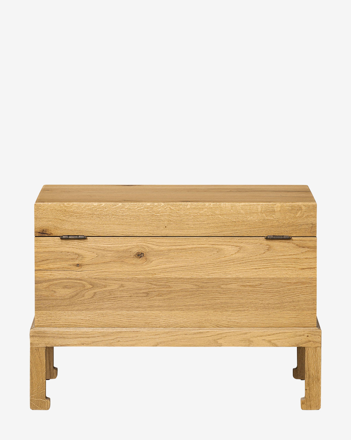 The Kenneth Bench is a rectangular wooden storage chest with a hinged lid, four block-style legs, and iron hardware, displayed against a plain white background by Vendixs