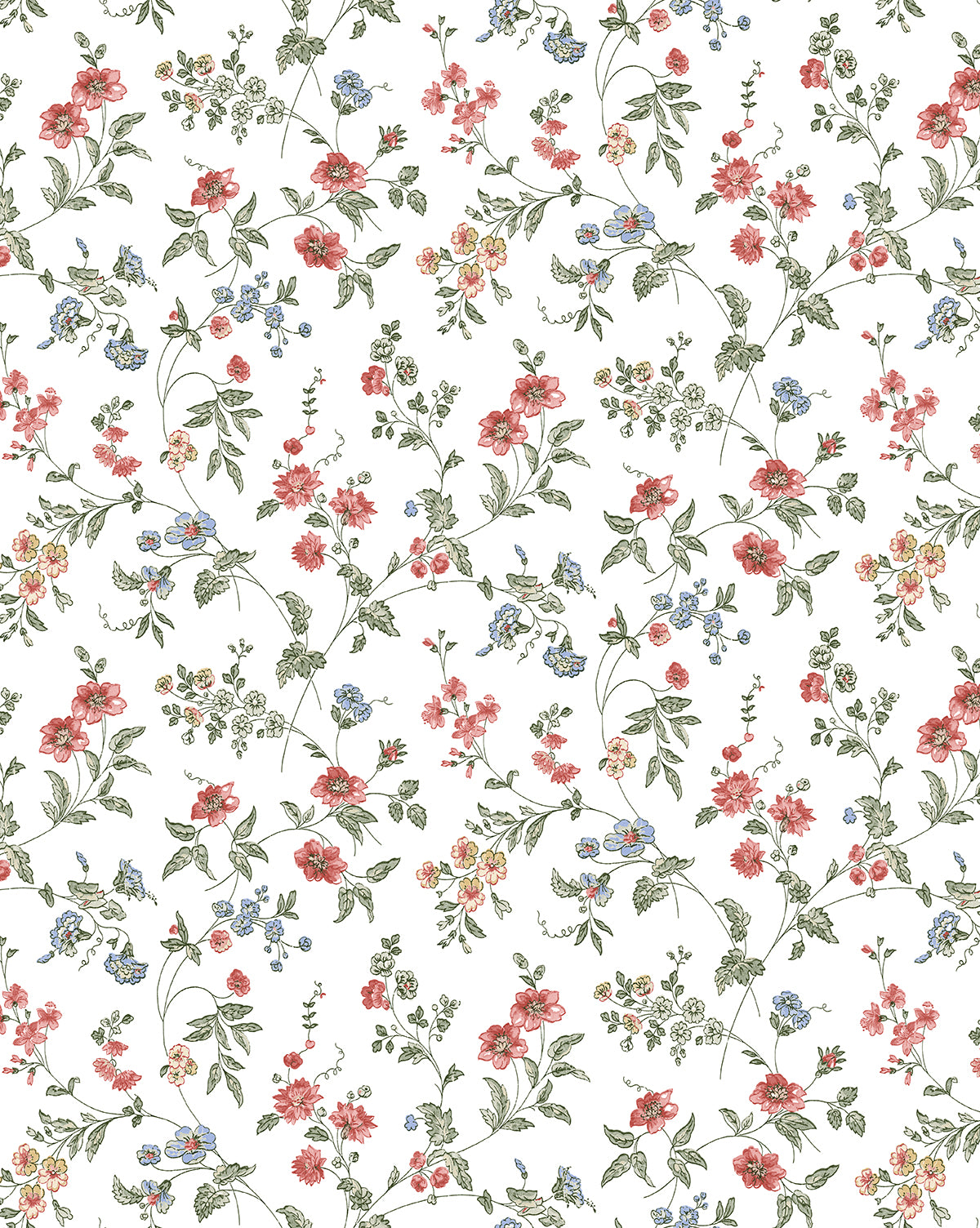 Kittredge Floral Wallpaper showcases delicate, hand-drawn vines and small flowers in pink, blue, and yellow on a white background. This vintage-inspired wallpaper features an intricate, timeless design perfect for any space, by McGee & Co.