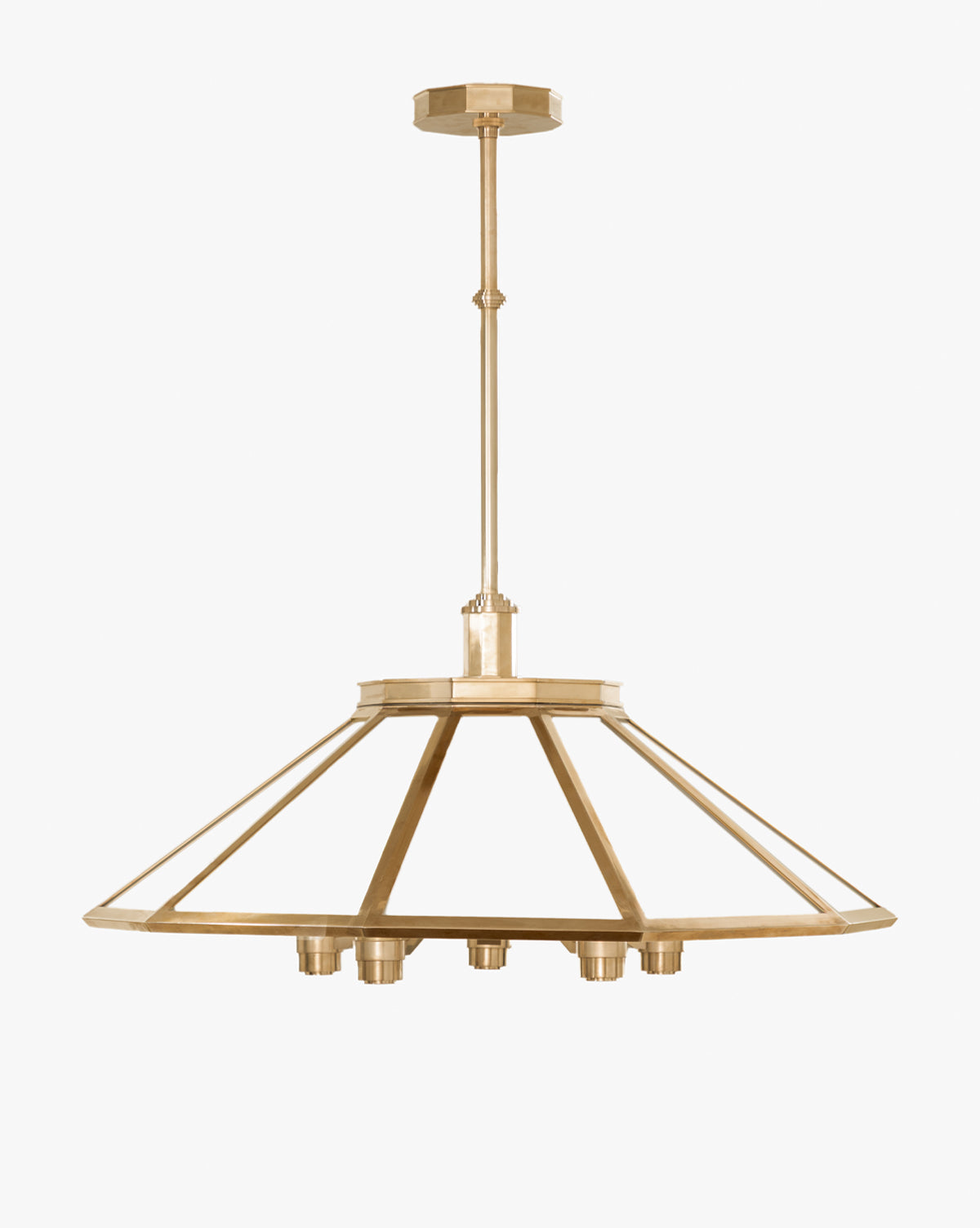 The Knightley Chandelier by Meredith (China) Ltd features a wide gold metal conical frame, suspended by a matching rod, with six light sockets in a circular arrangement at the base, Vendixs