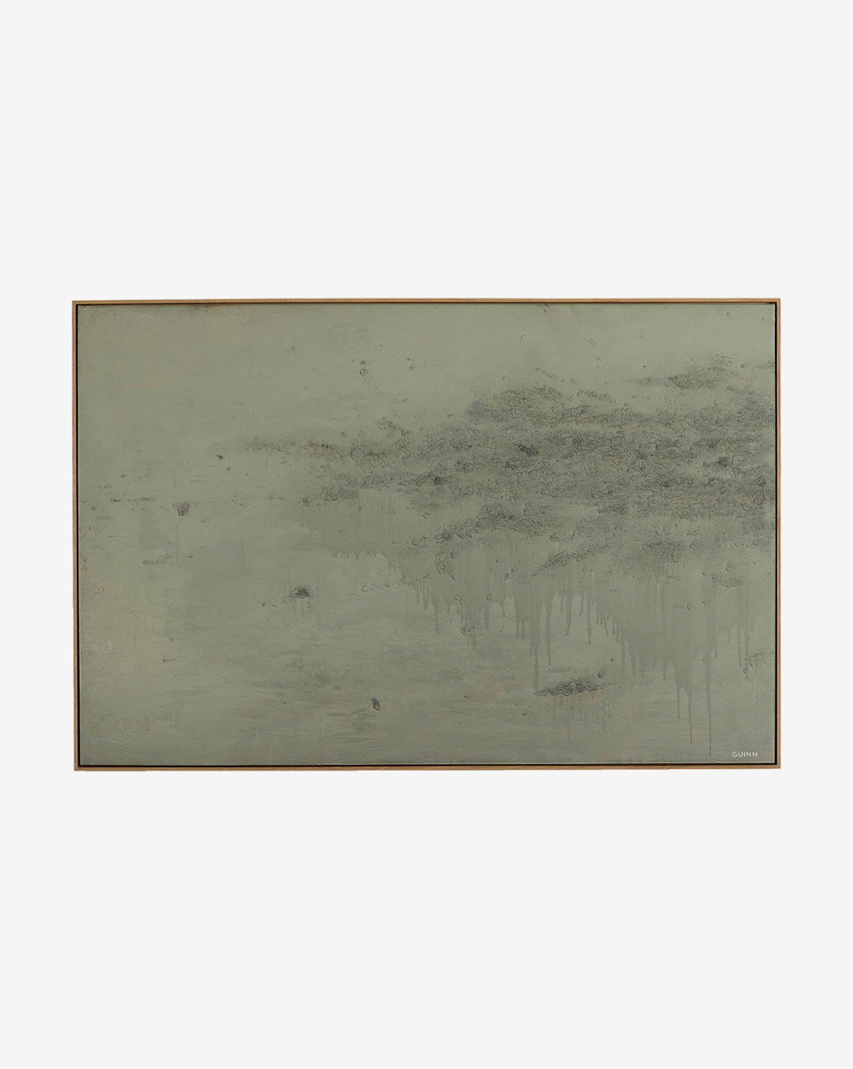 Knowledge Of The Stream by Tyler Guinn is a rectangular abstract wall art featuring a muted greenish-gray background, textured accents, and right-side paint drips in a sleek white oak frame—perfect for modern decor, by Vendixs