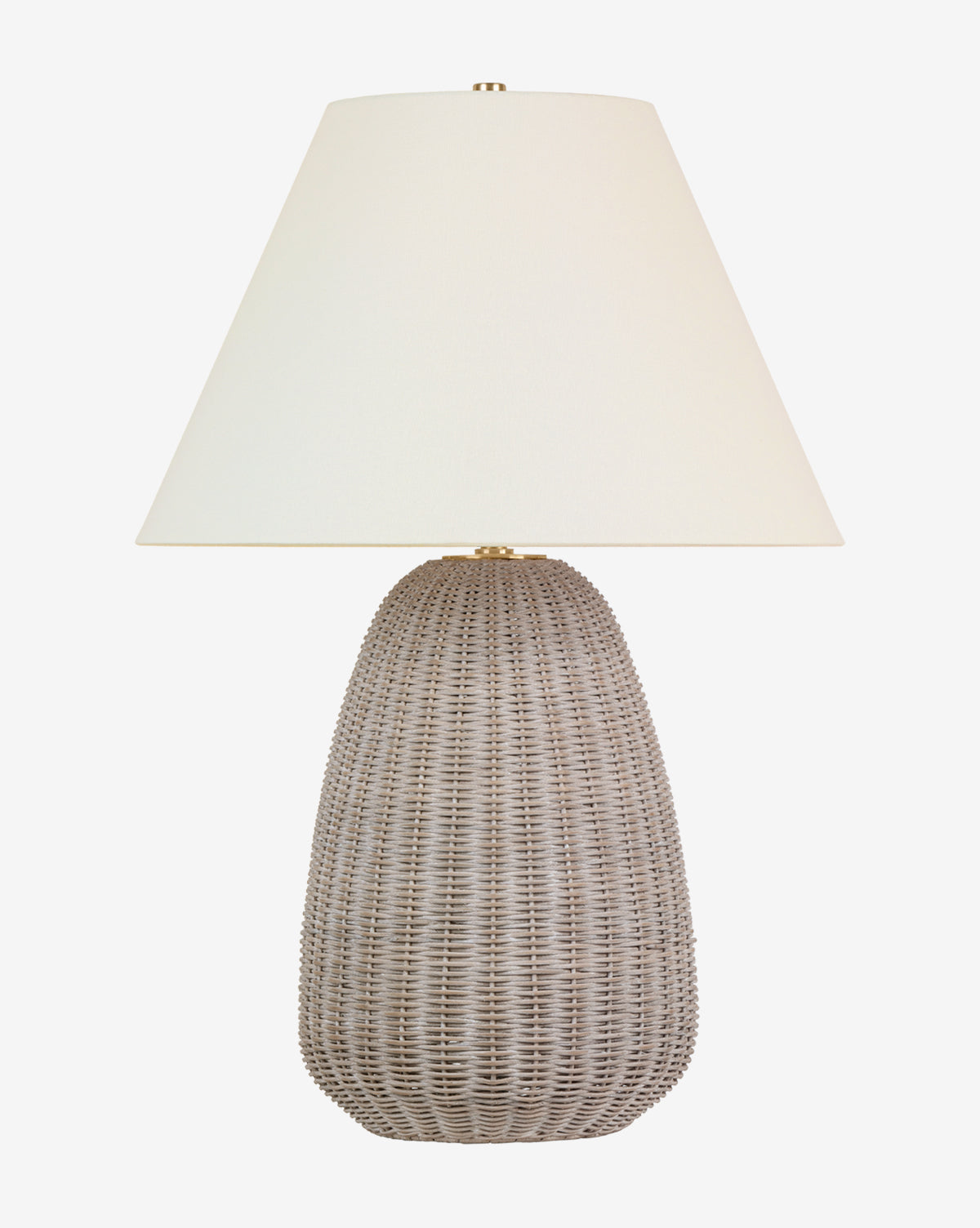 The Kokomo Table Lamp by Visual Comfort & Co. Signature has a textured light brown wicker base and a large white linen shade, shown against a plain white background. Vendixs