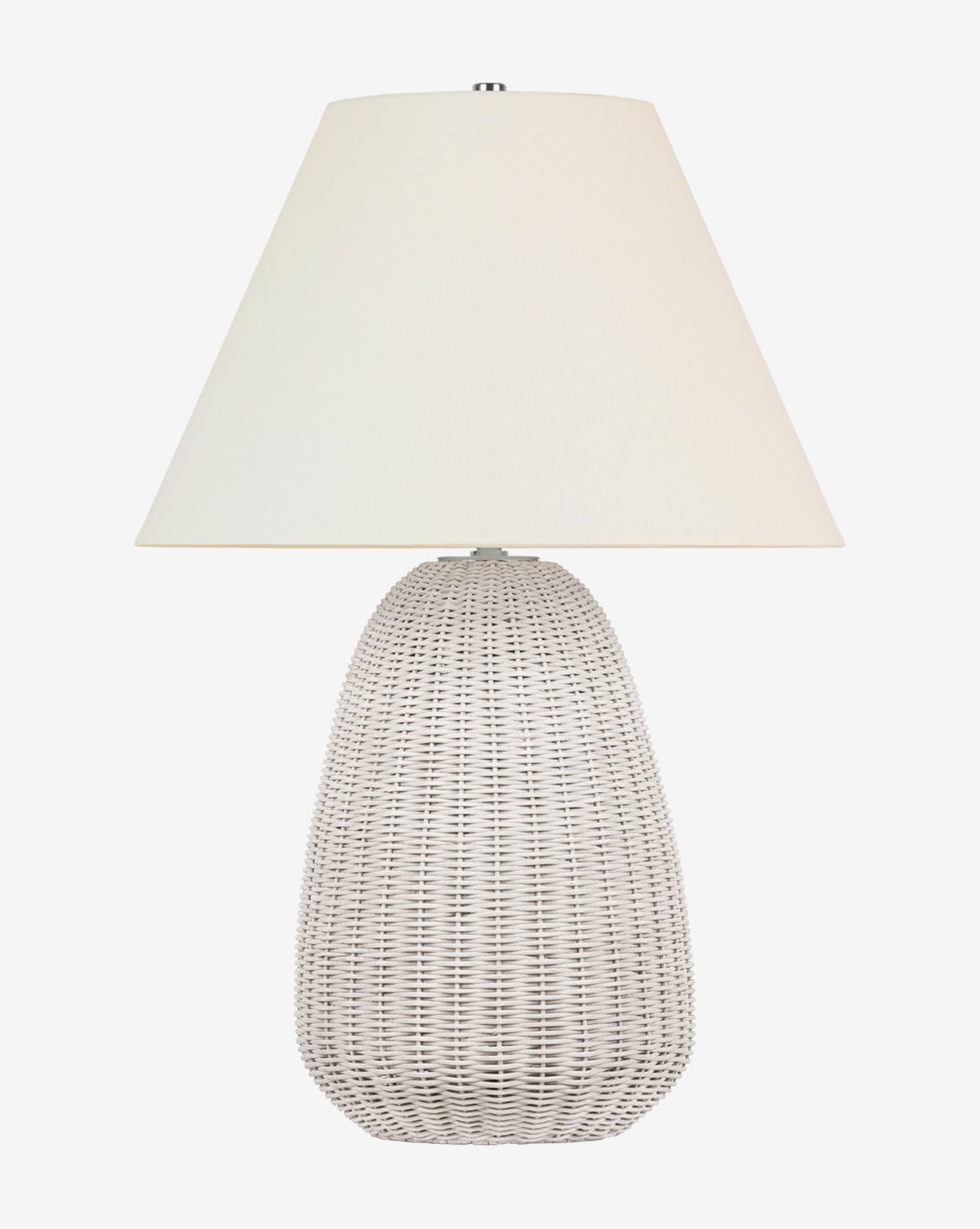 The Kokomo Table Lamp features a textured, woven white base and a large crisp white linen shade, shown against a plain white background, by Vendixs
