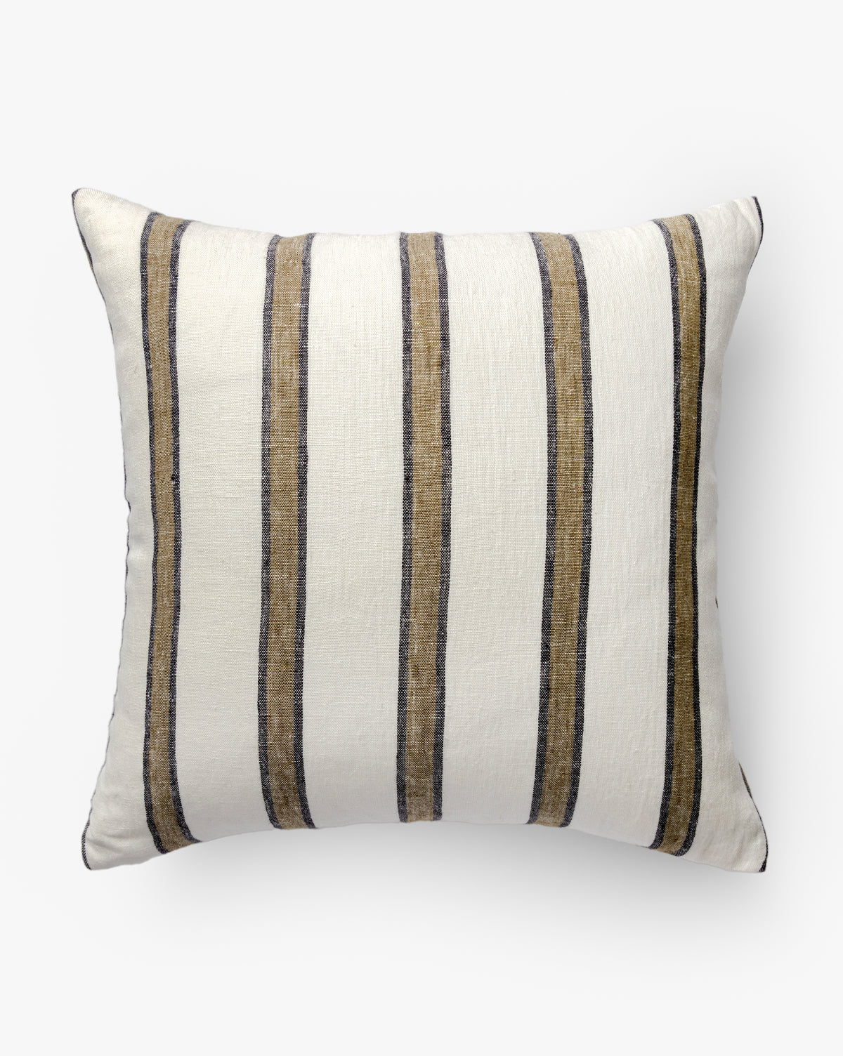 The Lago Pillow Cover features a white background with dark blue and tan vertical stripes, adding a cozy touch to your bedding, by Vendixs Shown here against a plain white surface.