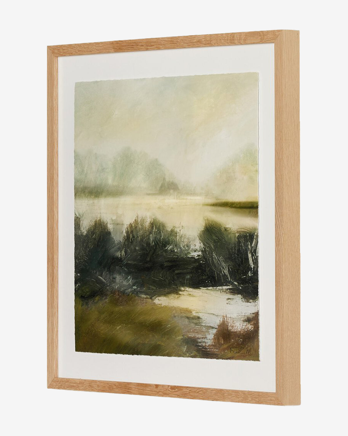 Lake House by Dan Hobday is a framed fine art painting showing a misty landscape with river, trees, and bushes beneath an overcast sky. Its light wood frame and muted green-earthy tones create a calm, serene mood—ideal for any space, by Vendixs