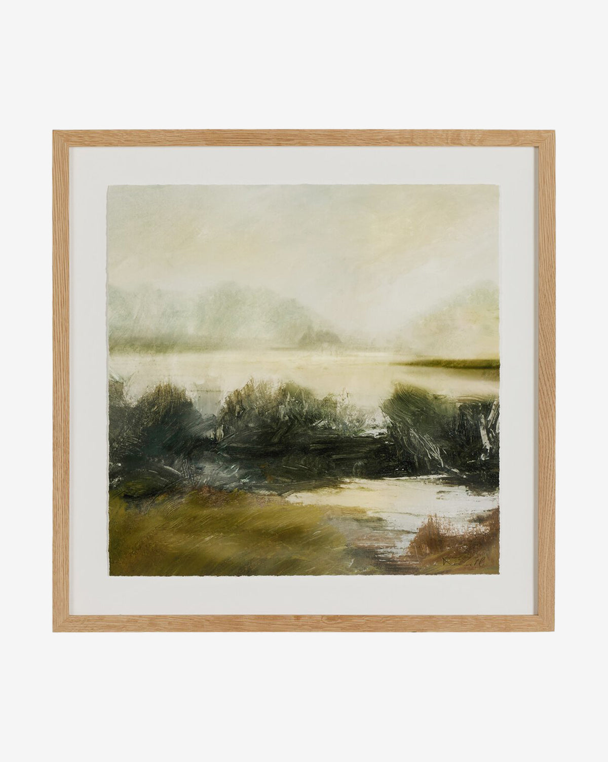Lake House by Dan Hobday: a framed fine art painting in light wood, featuring abstract green and brown shrubbery, water, and hazy hills beneath a pale sky. Its serene design evokes the tranquil vibe of a lakeside retreat, by Vendixs