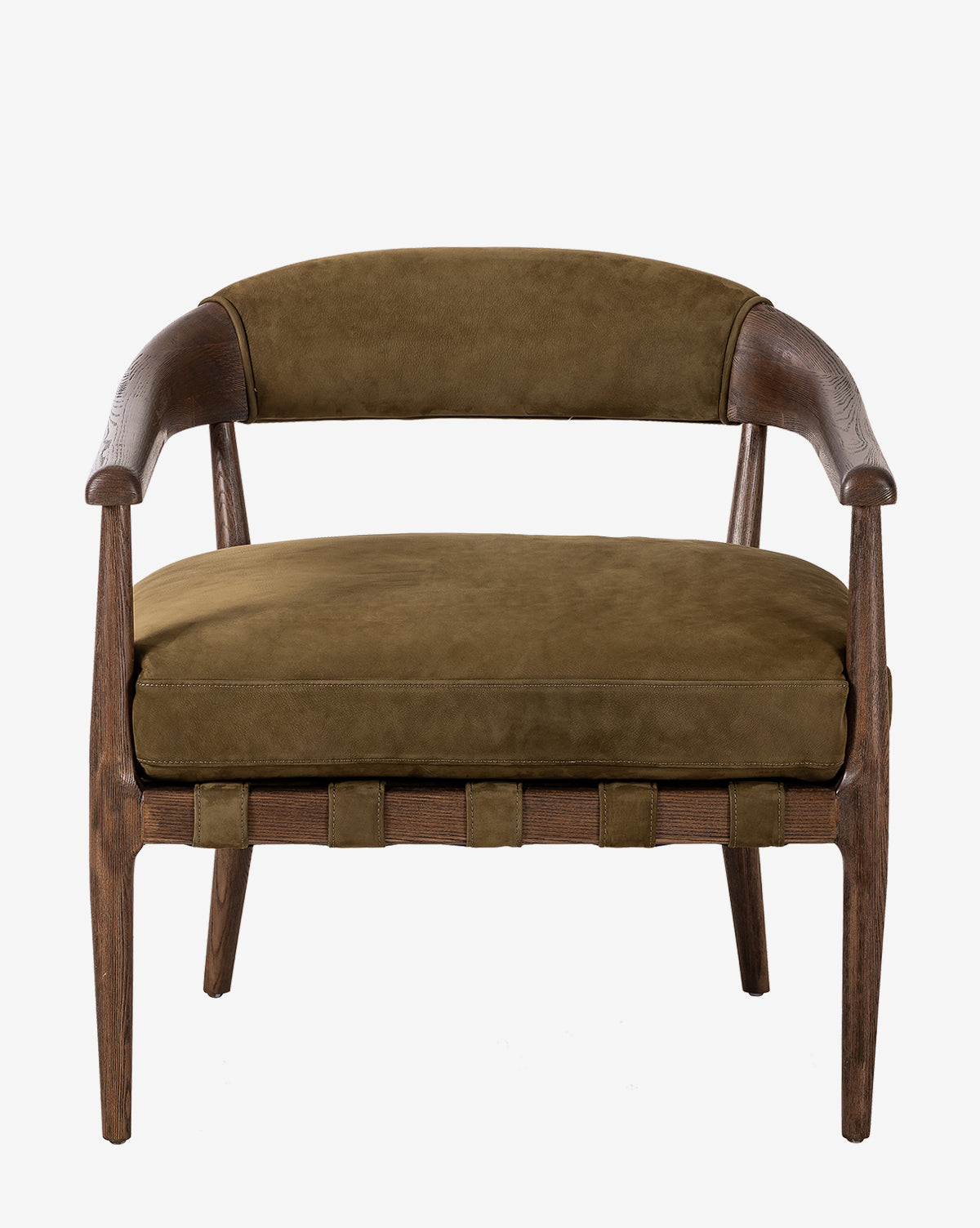 The Four Hands Larisa Lounge Chair showcases a curved solid ash frame with an olive-green suede cushion and backrest, reflecting mid-century modern style. Front view shown against a white background. Vendixs
