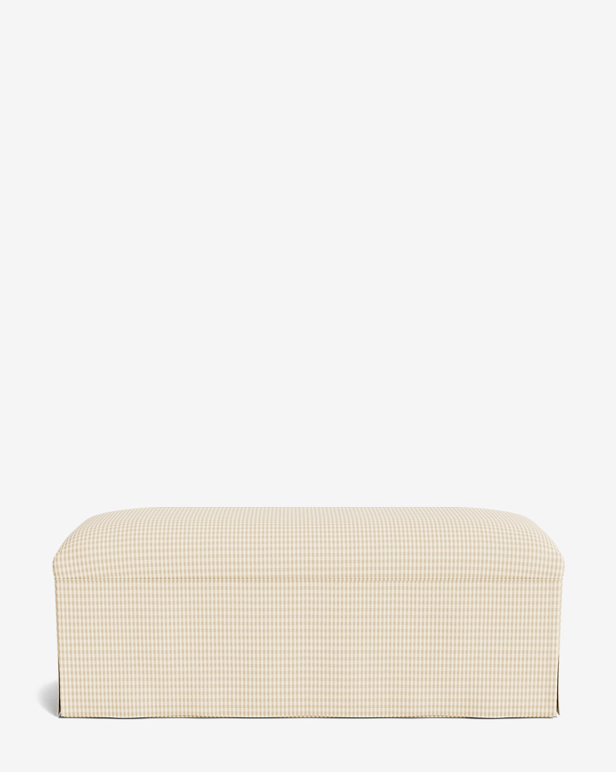 The Makerspalm Latimer Bench is a rectangular accent piece with custom beige and white gingham upholstery and a tailored skirt, shown on a plain white background. Vendixs