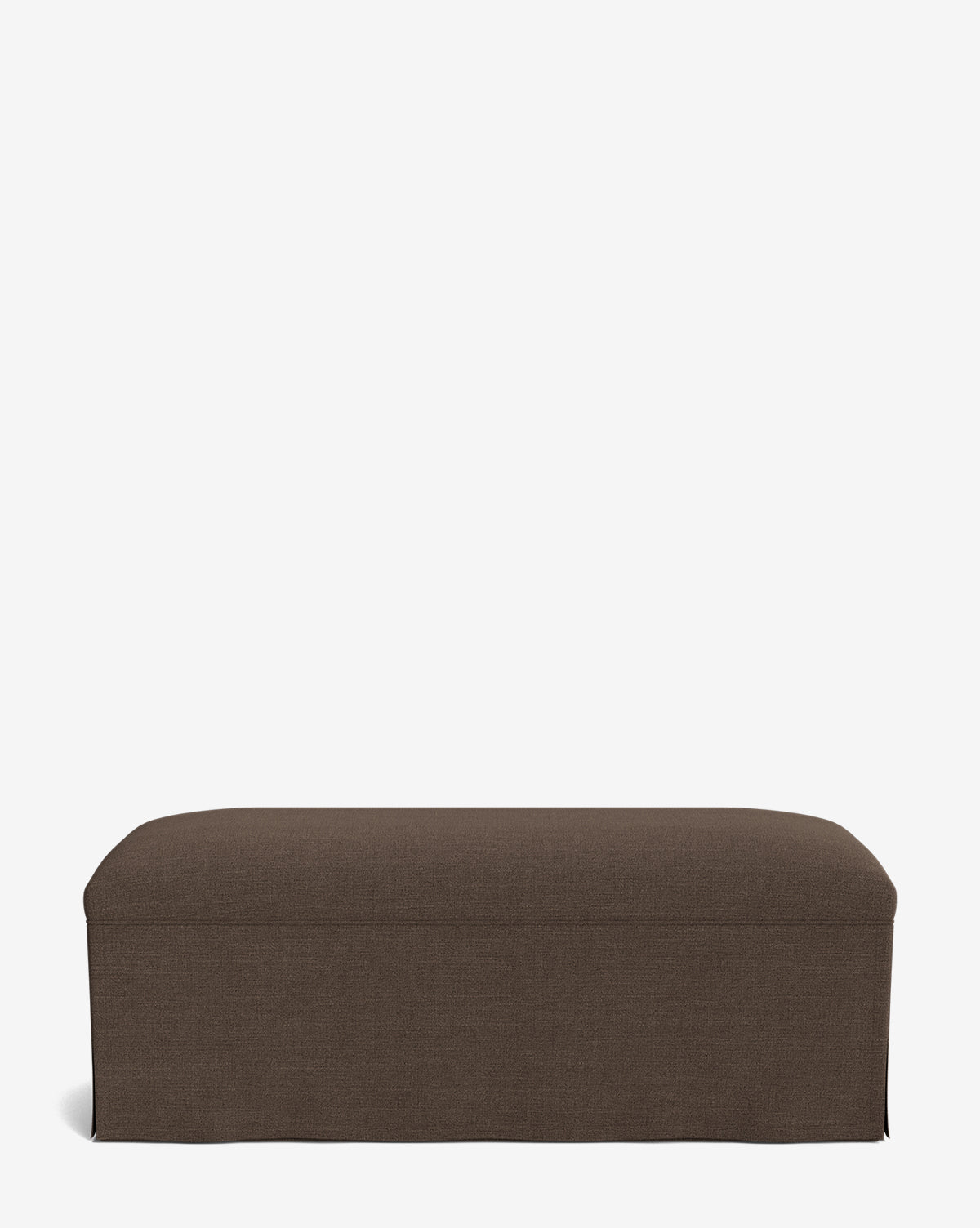 The Latimer Bench is rectangular with a dark brown finish, features custom fabric upholstery, and has a simple skirted base, shown against a plain white background by McGee & Co.