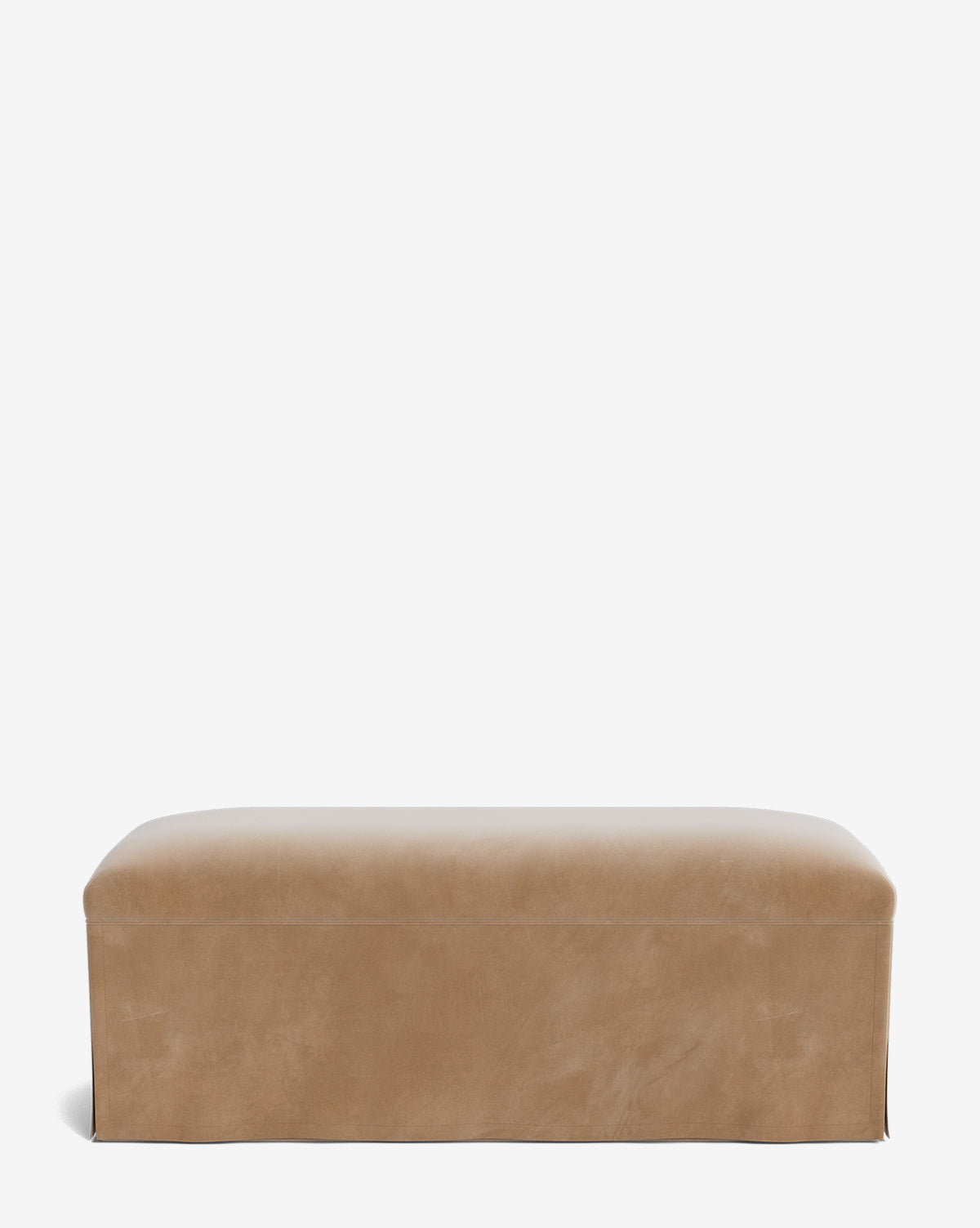 The Latimer Bench is rectangular and tan with custom fabric upholstery and a smooth, skirted base, shown against a plain white background by McGee & Co.