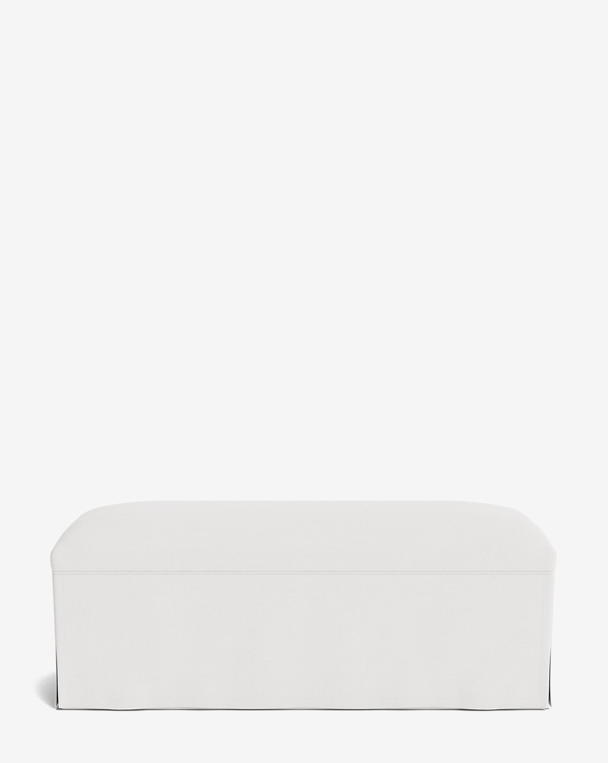 The Latimer Bench features a minimalist rectangular design with a smooth upholstered surface and a skirted base, shown against a plain white background, by Vendixs