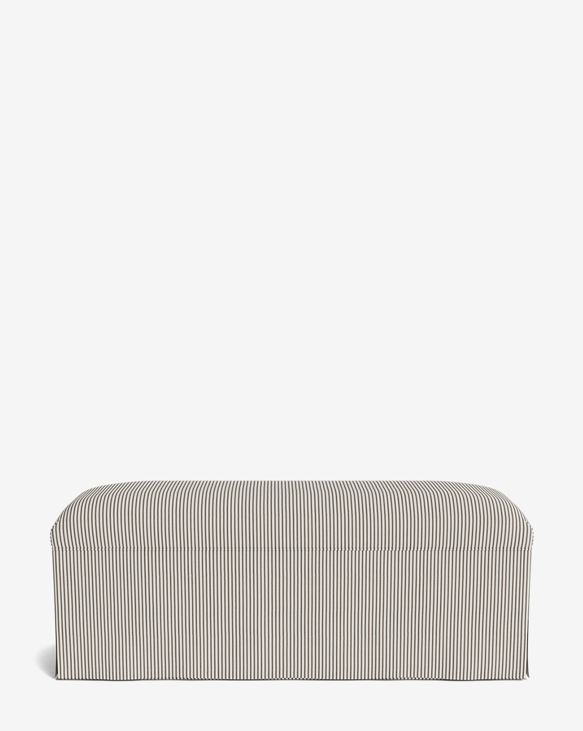 The Latimer Bench, featuring a custom-fitted slipcover with narrow black and white vertical stripes, makes an elegant statement against a plain white background, by Vendixs
