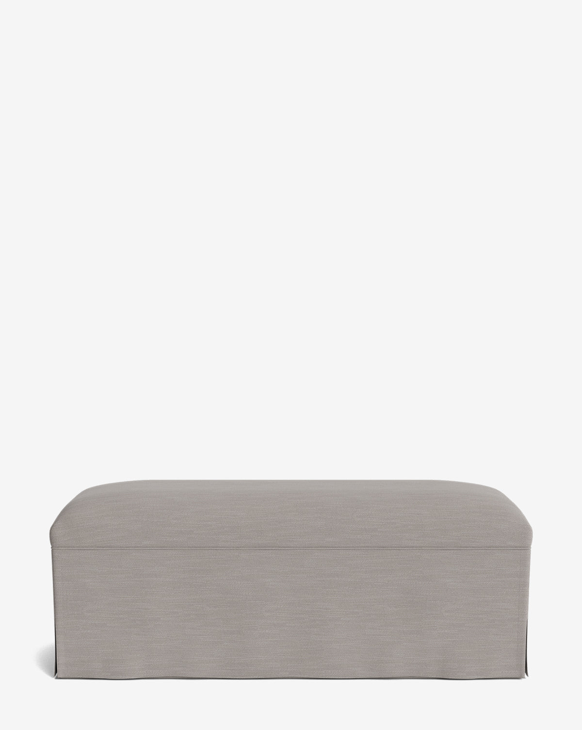 The Latimer Bench is a rectangular, light gray upholstered ottoman featuring a tailored fabric skirt, shown against a plain white background, by Vendixs