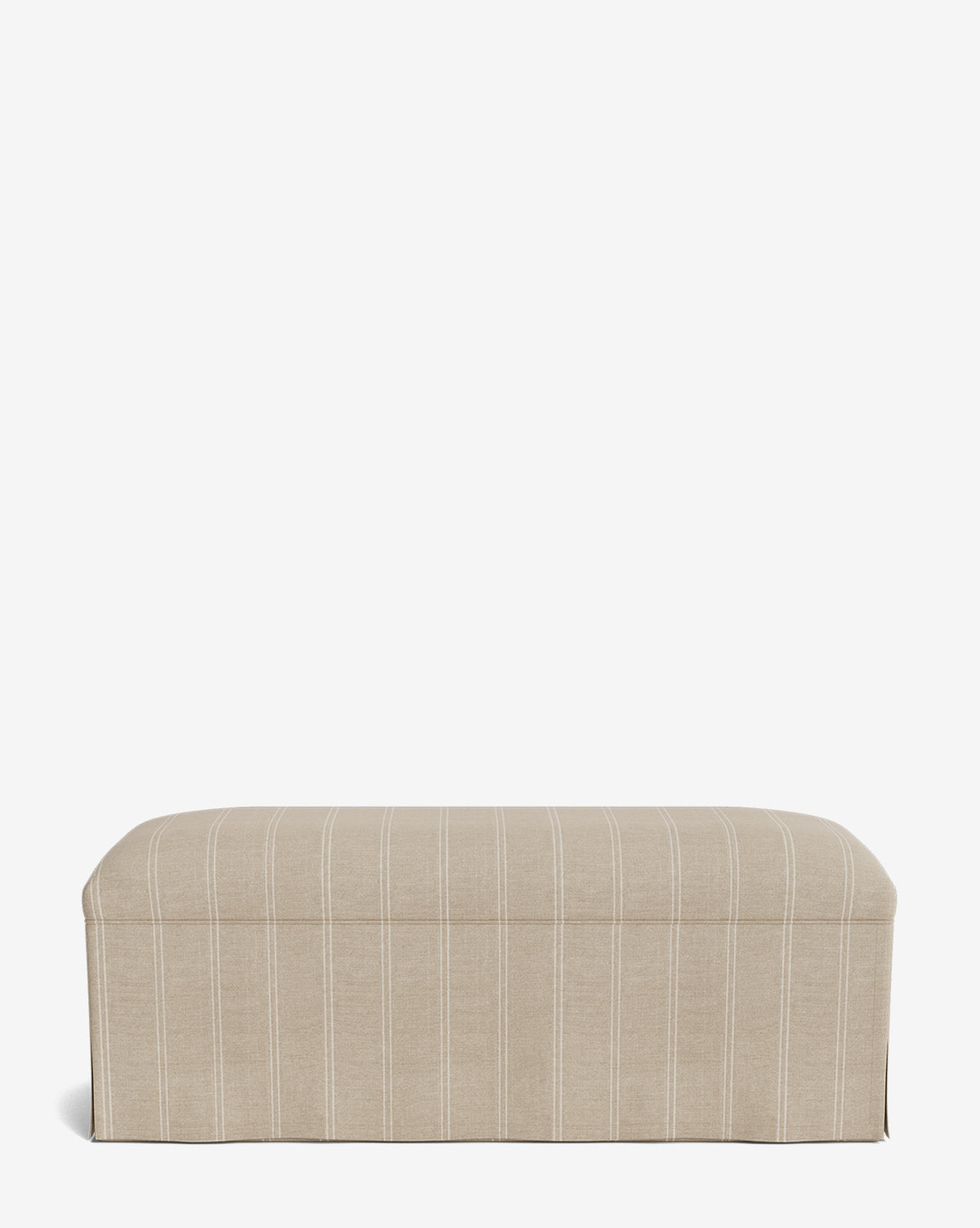 The Latimer Bench is a rectangular beige bench with subtle vertical white stripes, upholstered in soft custom fabric and shown against a plain white background, by Vendixs