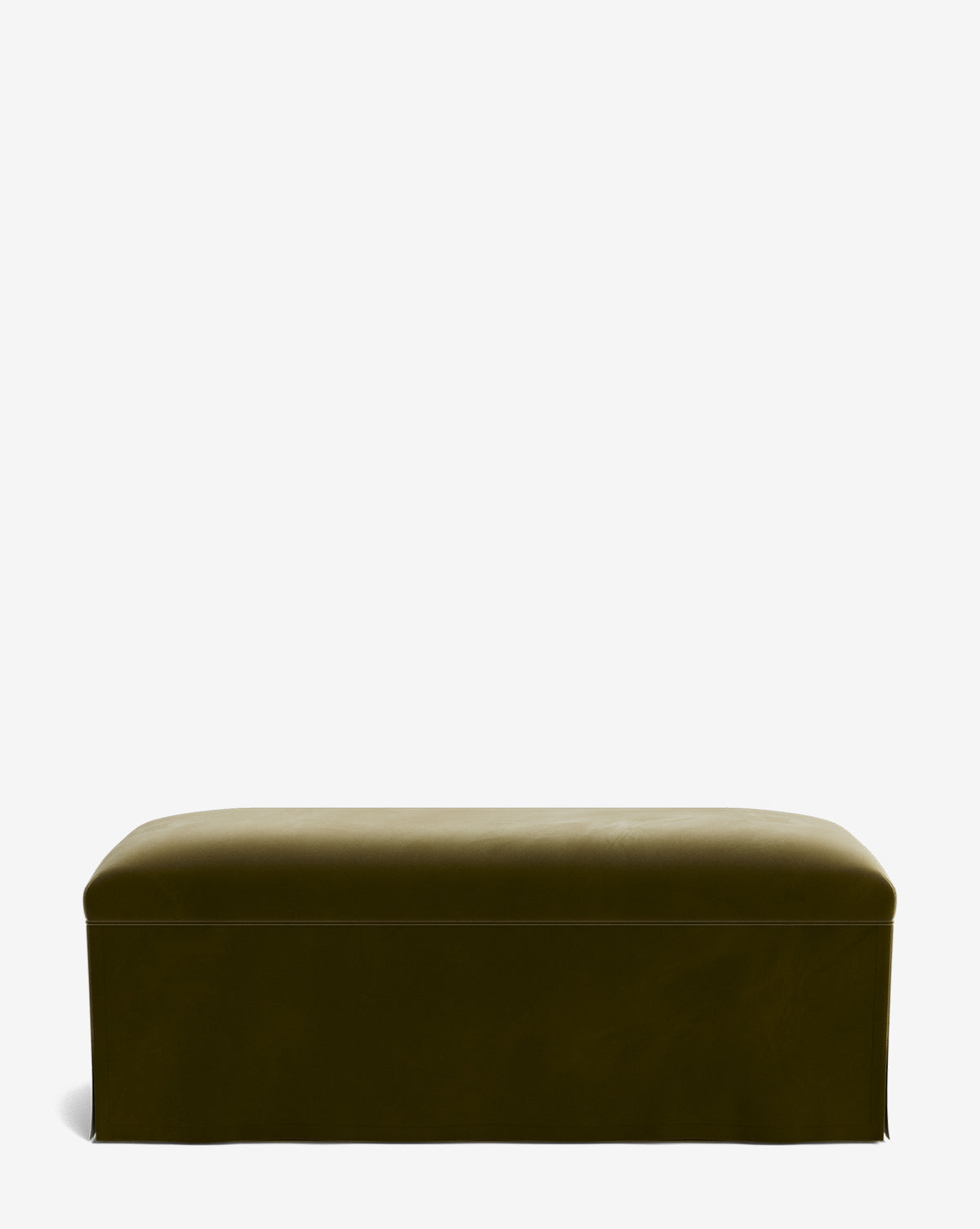 The Latimer Bench is an olive green, rectangular upholstered bench featuring a smooth surface and tailored skirt, shown on a plain white background by McGee & Co.