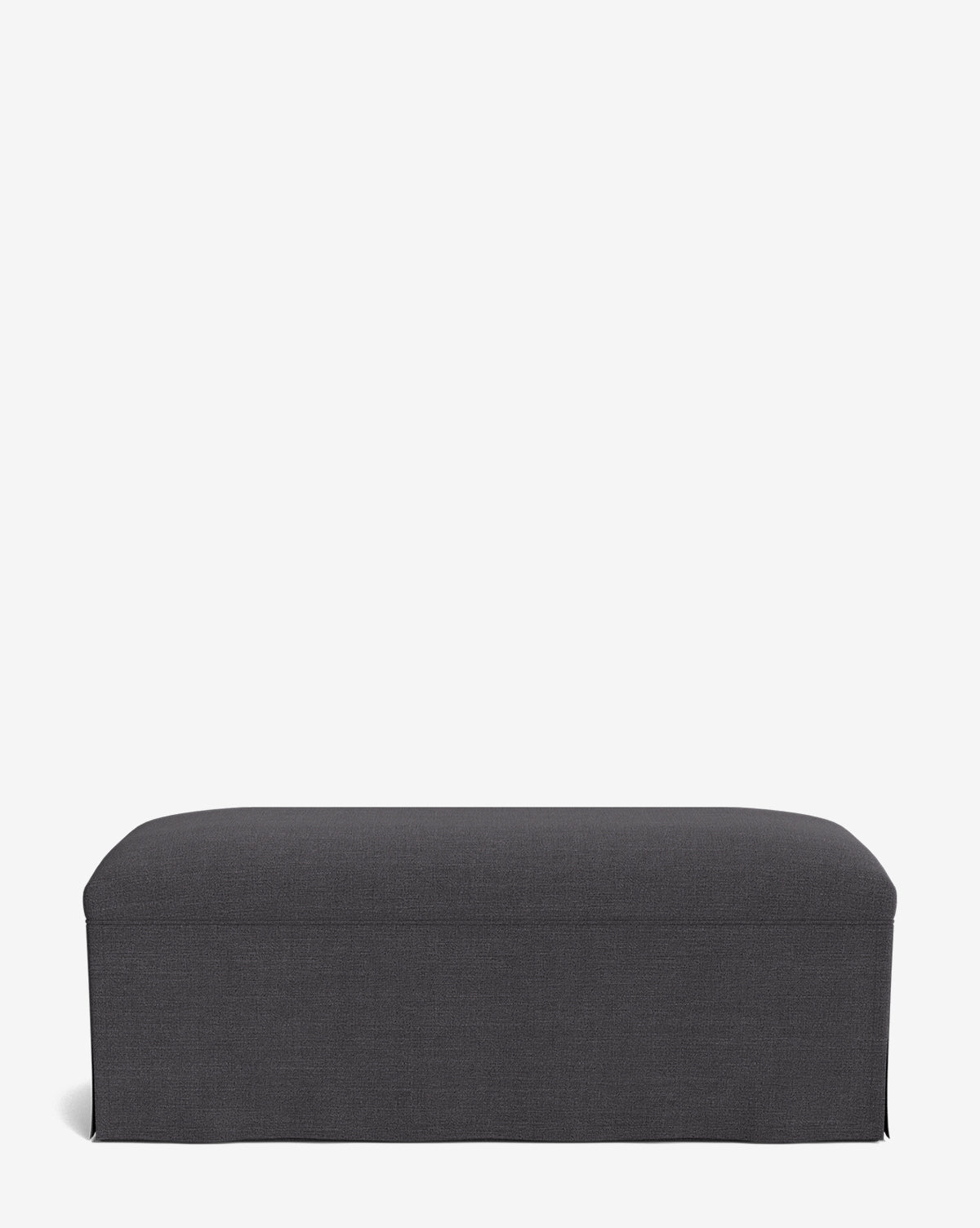 The Latimer Bench, rectangular in shape with a smooth, seamless skirt and dark gray custom fabric, is displayed against a plain white background—an elegant bench for any modern space, by Vendixs