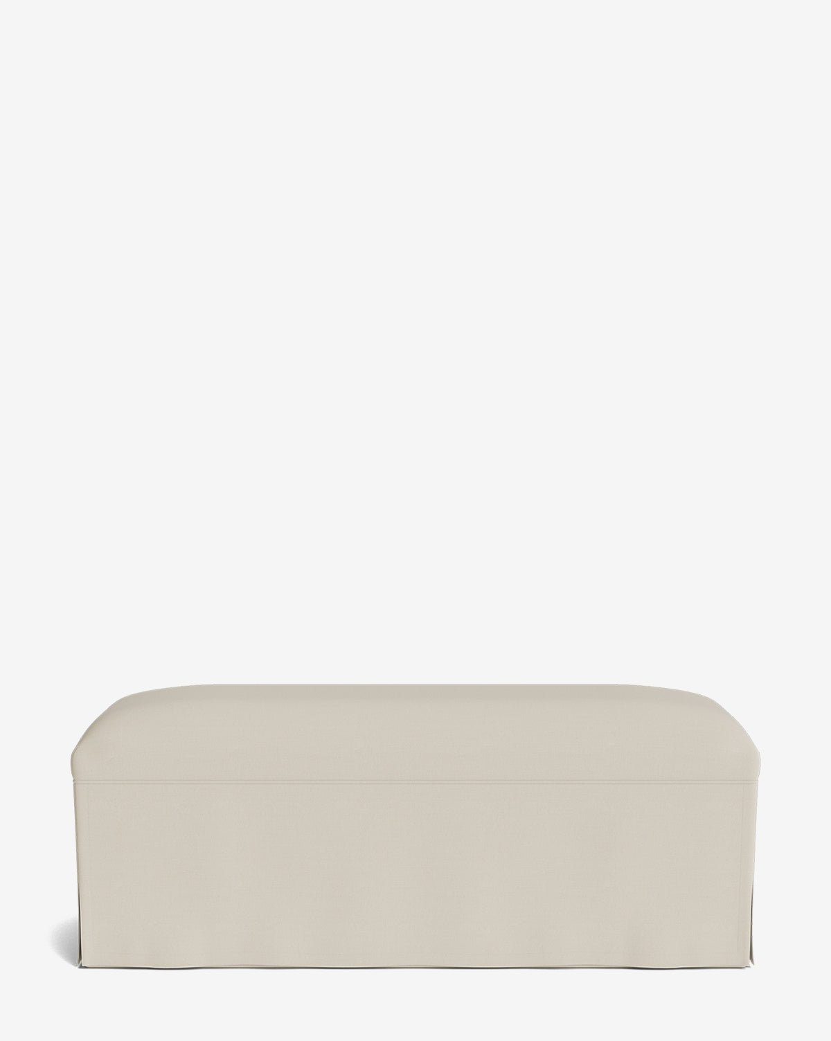 The Latimer Bench is a rectangular, beige bench featuring a tailored, skirted base and custom fabric upholstery, displayed against a plain white background by Vendixs