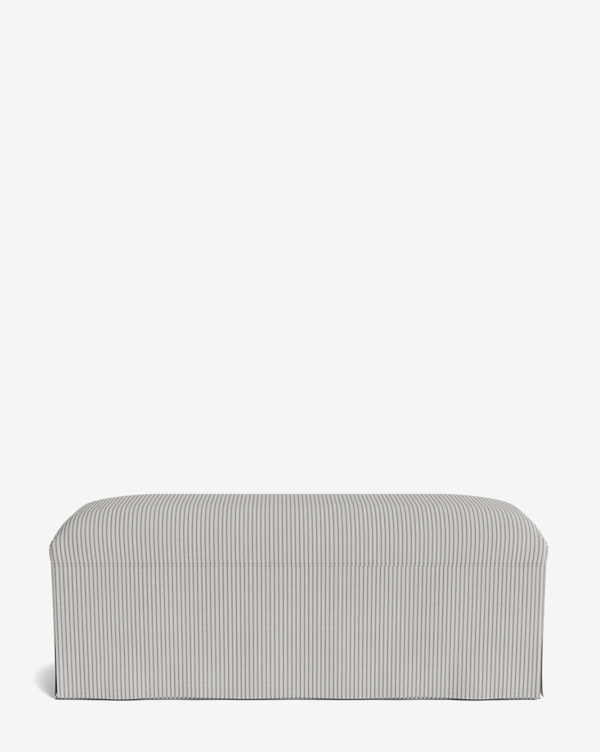The Latimer Bench is a rectangular upholstered bench with a fitted slipcover in light grey and thin white vertical stripes, shown against a plain white background, by Vendixs