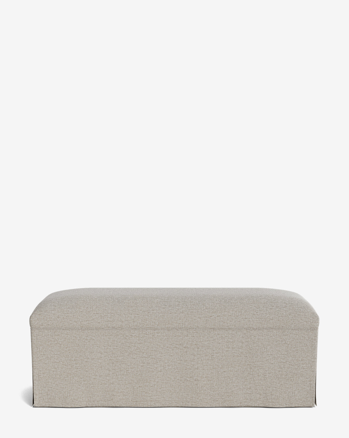 The Latimer Bench is a rectangular, light beige upholstered bench with a simple design and skirted bottom, offering elegance and comfort. Shown against a plain white background by McGee & Co.