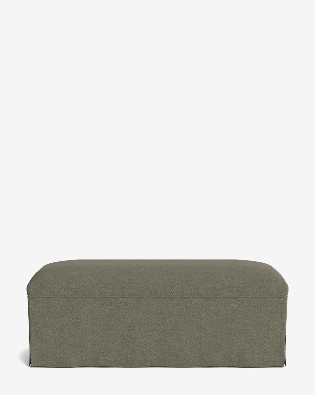 The Latimer Bench features a rectangular shape, custom olive green fabric, and a tailored skirt, displayed against a plain white background by McGee & Co.