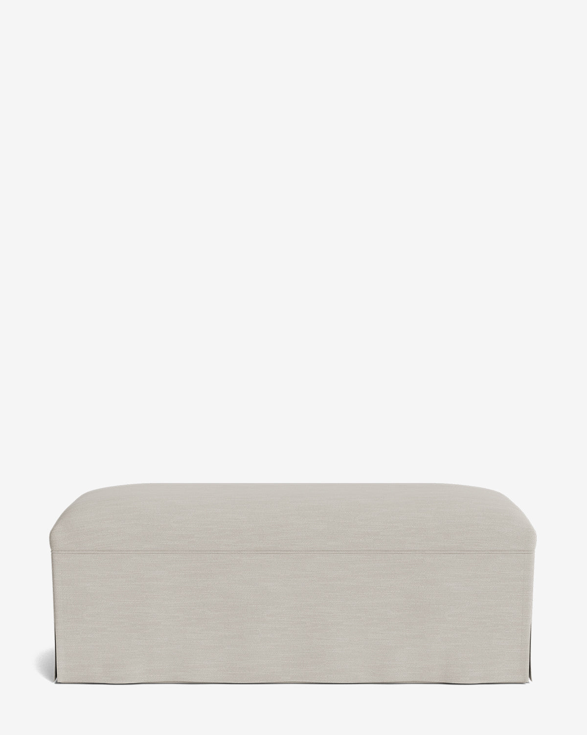 The Latimer Bench is a rectangular, light beige upholstered bench with a tailored skirt, shown against a plain white background by Vendixs