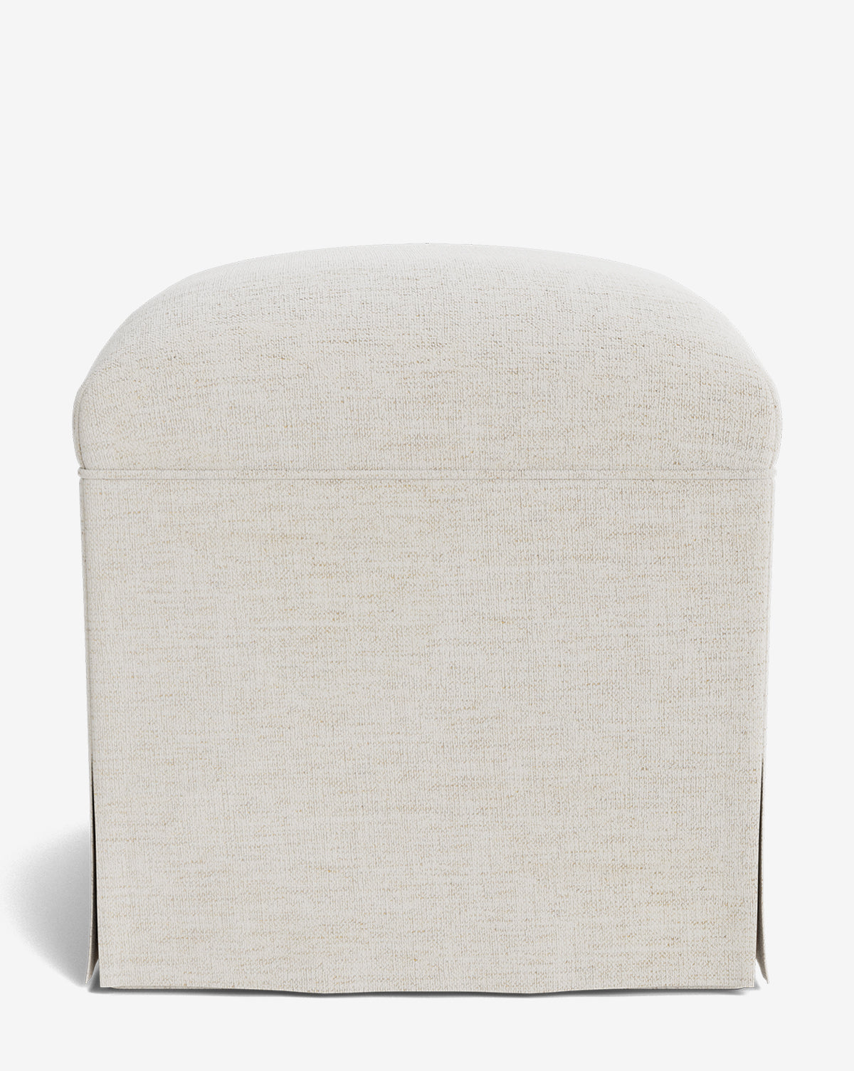 A front view of the Makerspalm Latimer Ottoman, featuring light beige high-quality fabric, a soft cushioned top, and a floor-length fabric skirt, highlighting its minimalist modern design. Vendixs