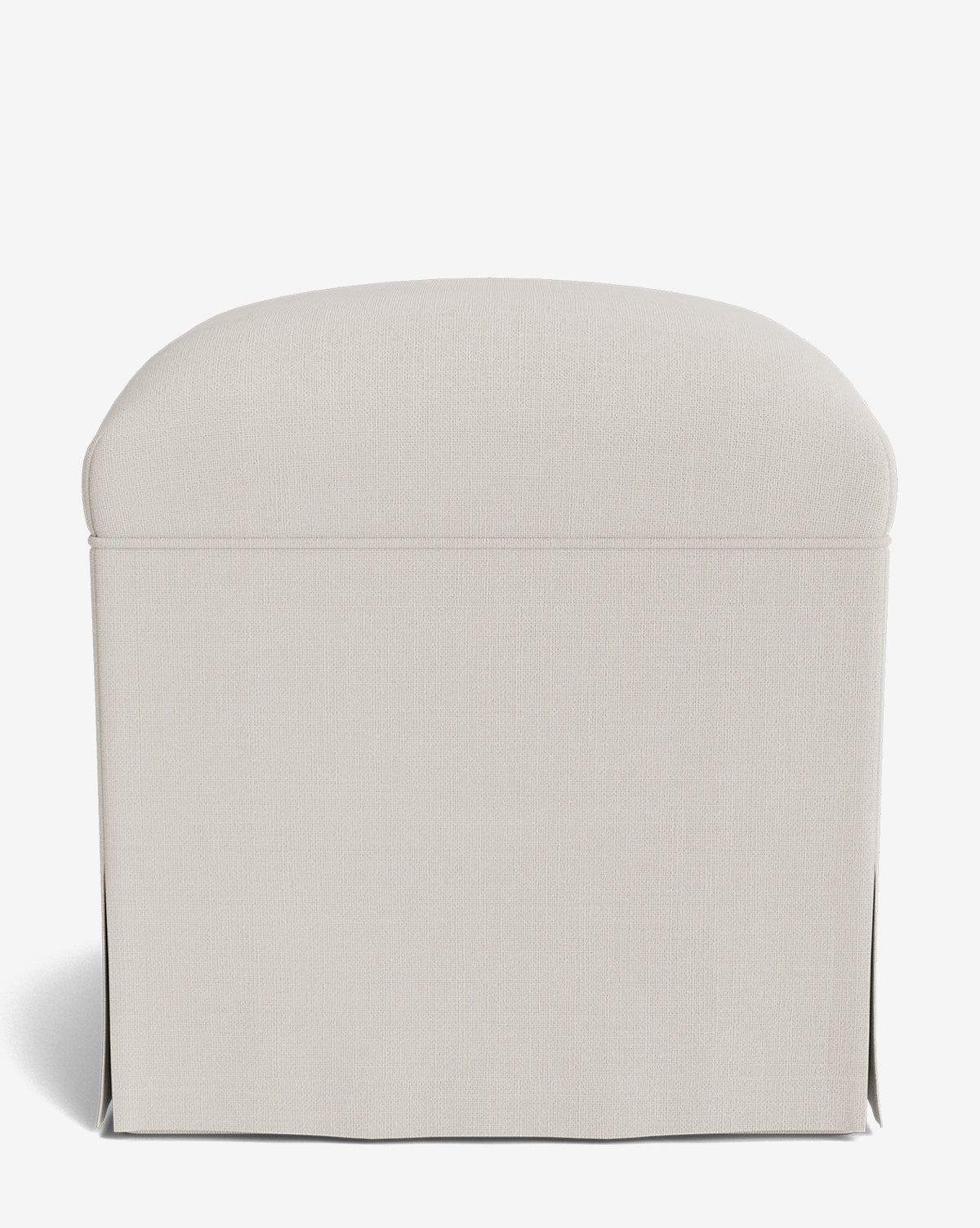 A back view of a modern, light beige upholstered chair with a rounded top and floor-length tailored skirt. Crafted by Makerspalm from quality fabric, it pairs seamlessly with the Latimer Ottoman. Set against a plain white background. Vendixs