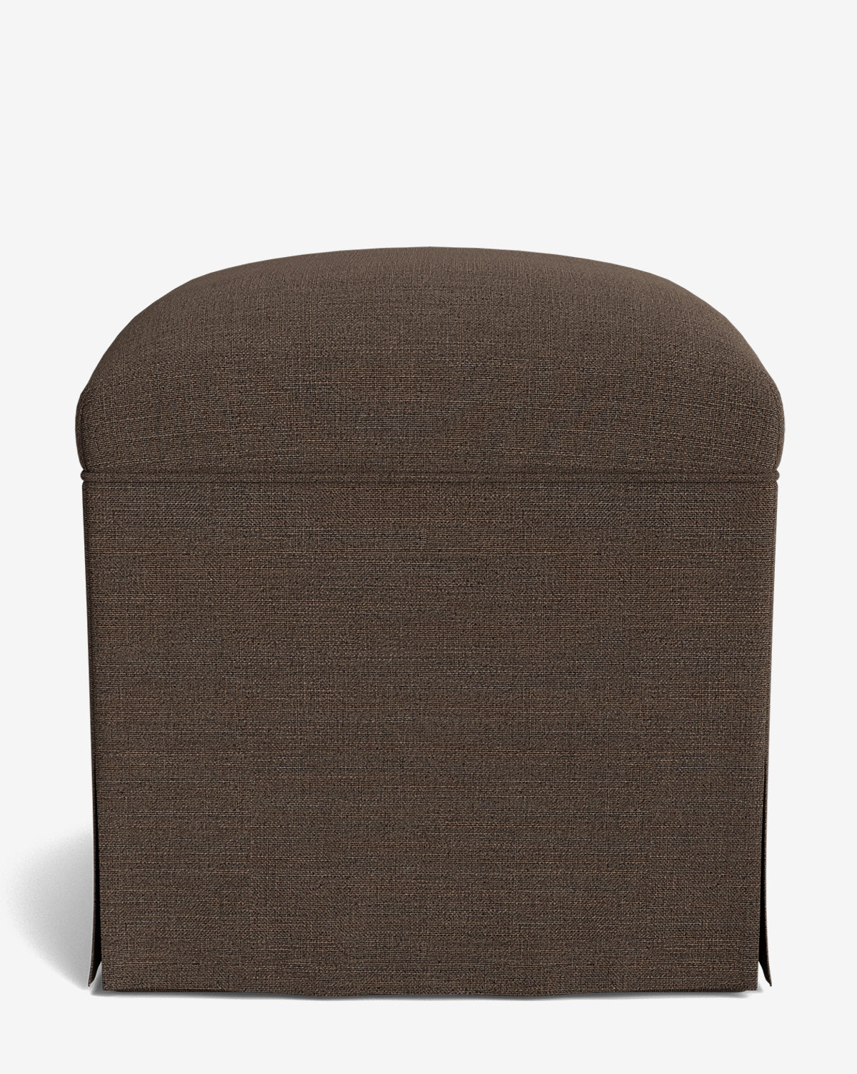 Front view of the Makerspalm Latimer Ottoman, a brown rectangular piece with a rounded top and skirted base made from high-quality fabrics, shown against a white background. Vendixs