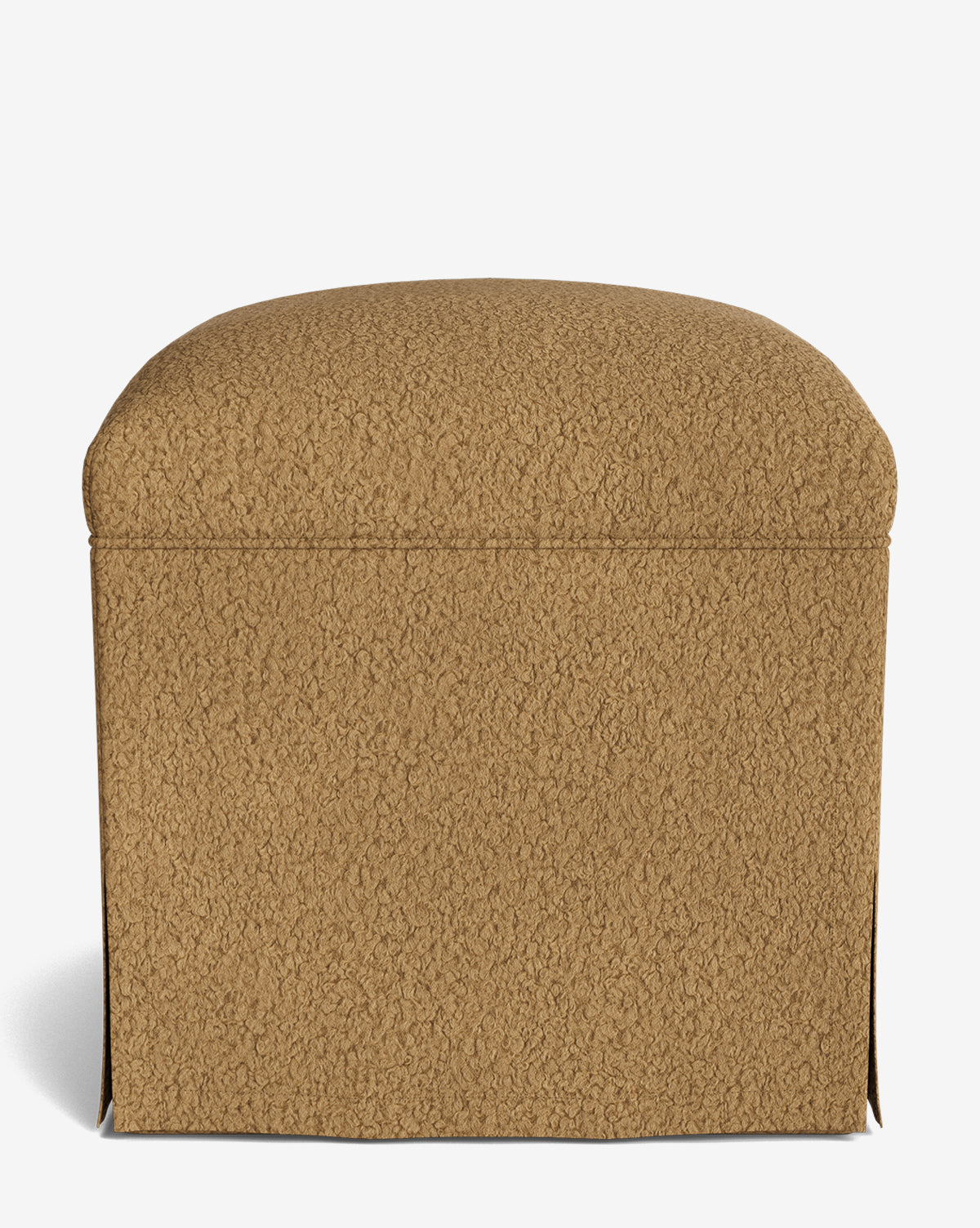 The Makerspalm Latimer Ottoman is a square, light brown ottoman with a textured fabric cover and cushioned top, crafted from high-quality materials and displayed against a plain white background. Vendixs