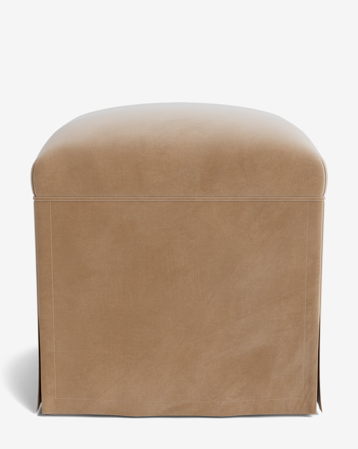 The Makerspalm Latimer Ottoman showcases a beige square design with smooth upholstery, a skirted bottom, and high-quality fabric, styled against a white background. Vendixs