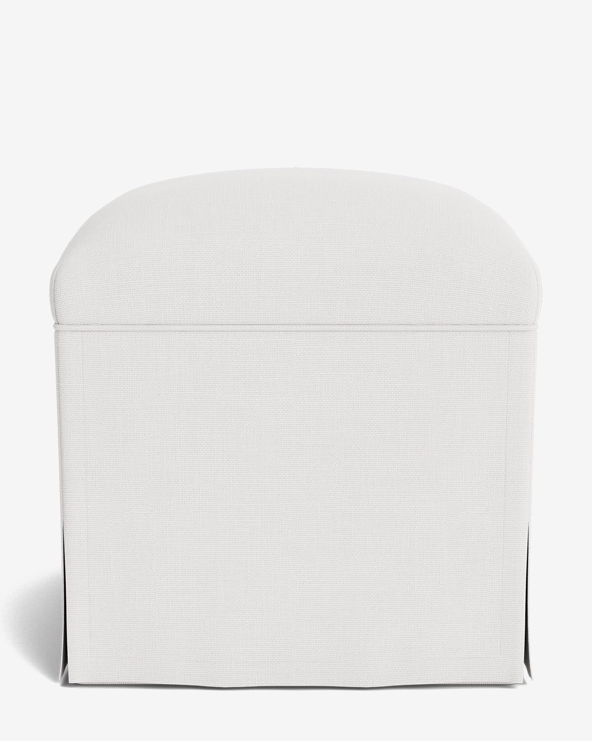 The Makerspalm Latimer Ottoman is a white, rectangular upholstered ottoman with a gently rounded top and tailored skirt, crafted from premium fabrics and shown against a plain white background. Vendixs