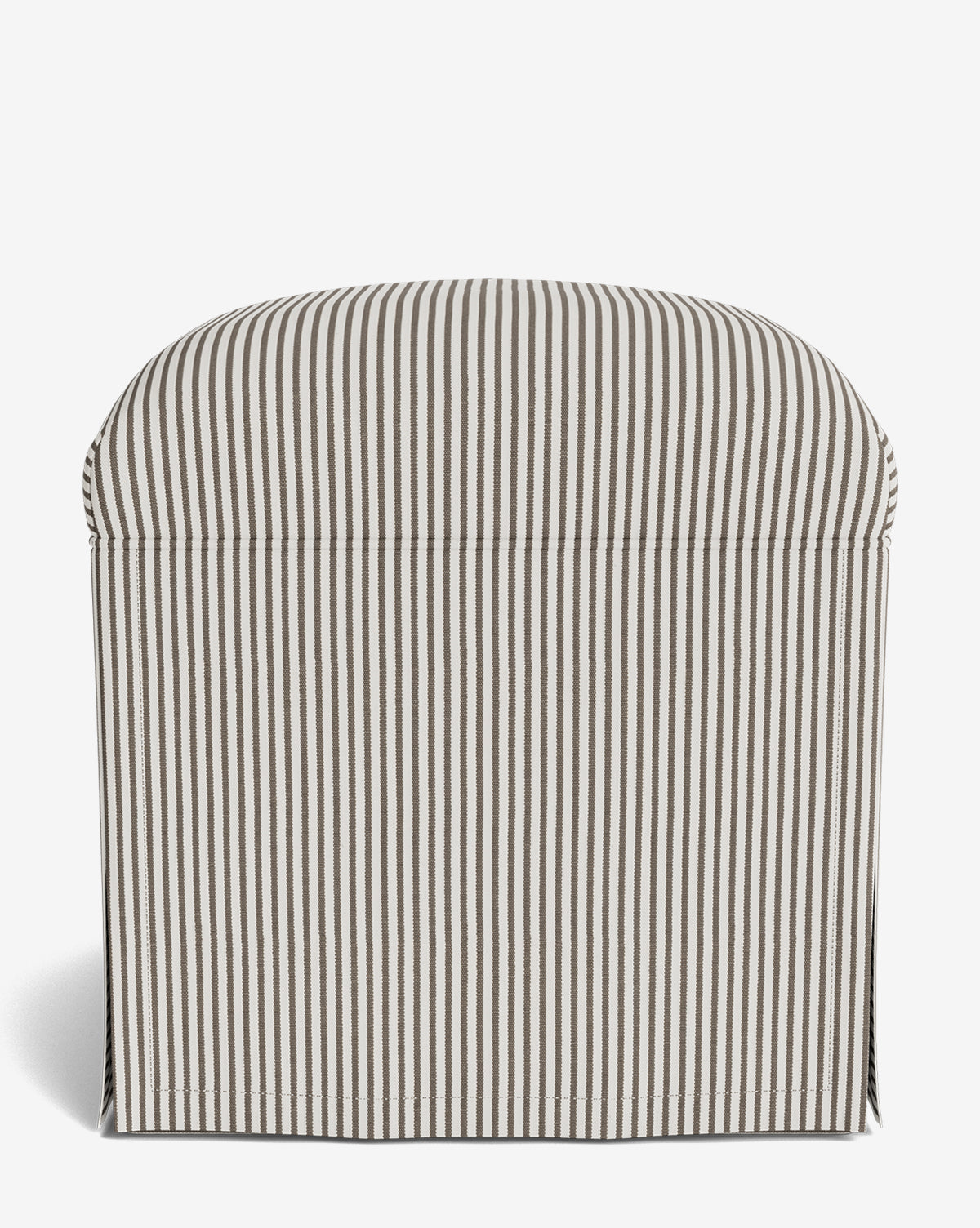 The Makerspalm Latimer Ottoman features a rectangular design with a rounded top, upholstered in beige and white vertical striped fabric, shown on a plain white background. Vendixs