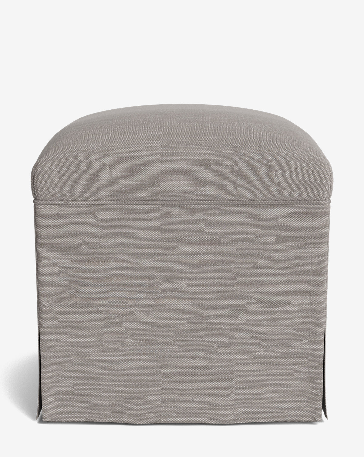 The Makerspalm Latimer Ottoman is a rectangular, light gray upholstered piece featuring a soft curved top and tailored skirt, crafted from high-quality fabrics by Vendixs