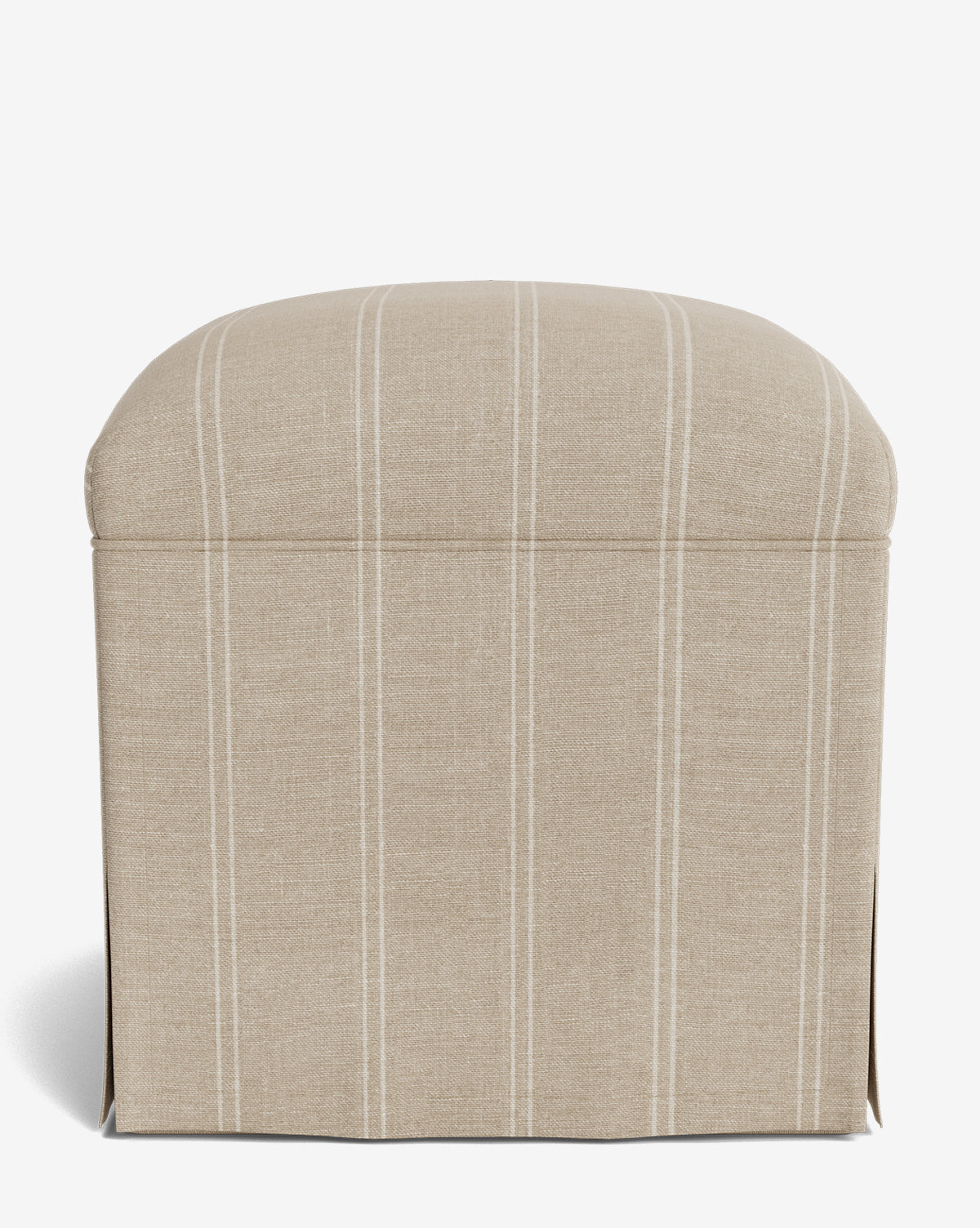Sure! Here’s your blended sentence: The Makerspalm Latimer Ottoman features a beige fabric with subtle white vertical stripes, a rounded top, and an elegant slip skirt, displayed against a plain white background by Vendixs