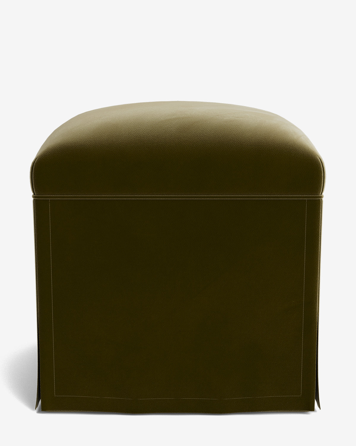 The Makerspalm Latimer Ottoman is a square, dark olive green ottoman with a smooth upholstered top and simple skirted sides, shown against a white background. Vendixs