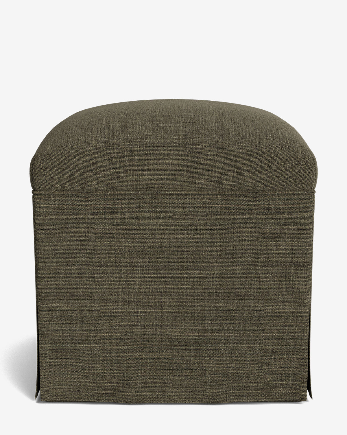 The Makerspalm Latimer Ottoman showcases premium dark olive green fabric, a rounded top, and a skirted base, set against a plain white background. Vendixs