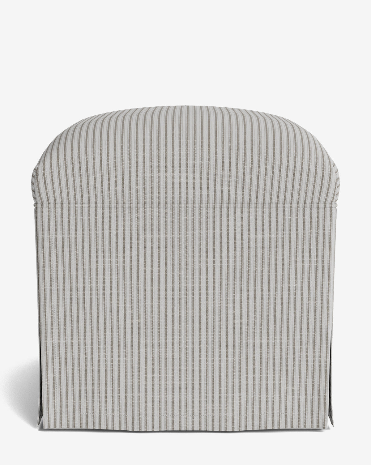 A front view of the Makerspalm Latimer Ottoman highlights its rounded top and skirted base, featuring vertical beige and white stripes in high-quality fabric upholstery by Vendixs
