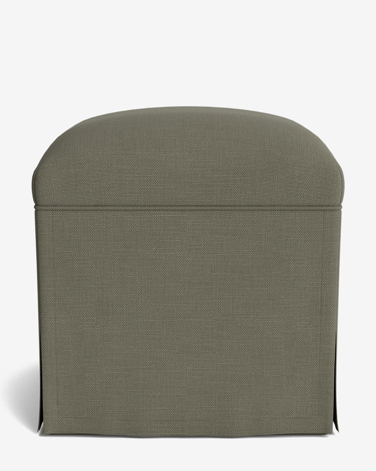 The Makerspalm Latimer Ottoman showcases a gray upholstered design with high-quality fabric, a boxy shape, and a smooth rounded top cushion, all set against a plain white background. Vendixs