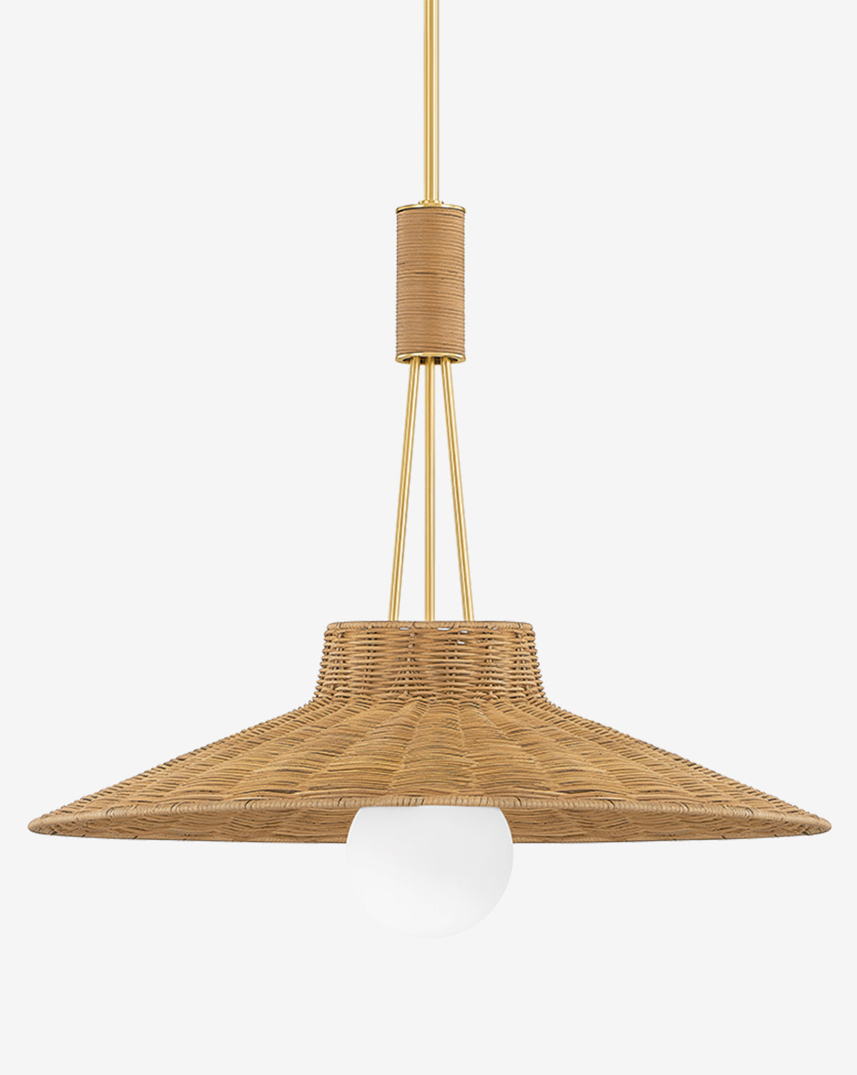 The Laudine Wicker Pendant features a wide natural rattan shade, gold metal supports, and a round white bulb suspended by a wrapped cord—an eye-catching choice for modern lighting against any backdrop, by Vendixs