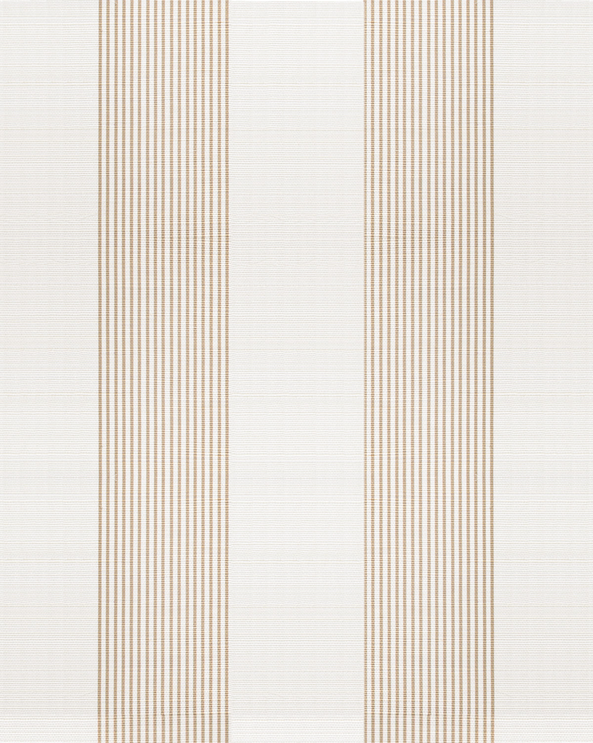 The Leah Striped Sisal Wallpaper by York Wallcoverings features alternating beige and white stripes with beige pinstripes, creating a clean, symmetrical, and modern look inspired by classic sisal wallpaper. Vendixs