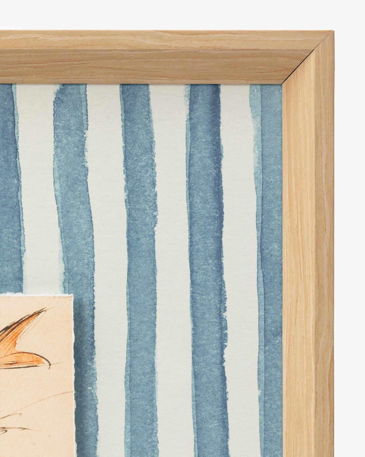 A close-up of a wooden picture frame features Leaping Doe among the Flowers, a giclee print with vertical blue watercolor stripes and part of a does ear visible in the bottom left corner by Vendixs